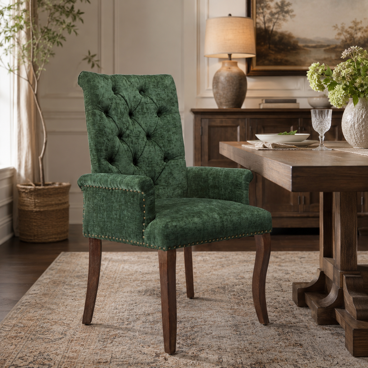 Sarine Chenille Tufted Dining Chair with Roll Top Back and Curved Wood Legs