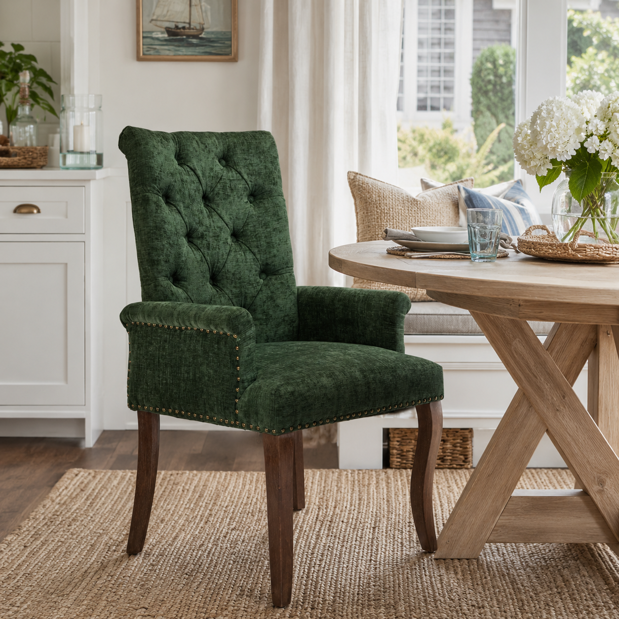 Sarine Chenille Tufted Dining Chair with Roll Top Back and Curved Wood Legs