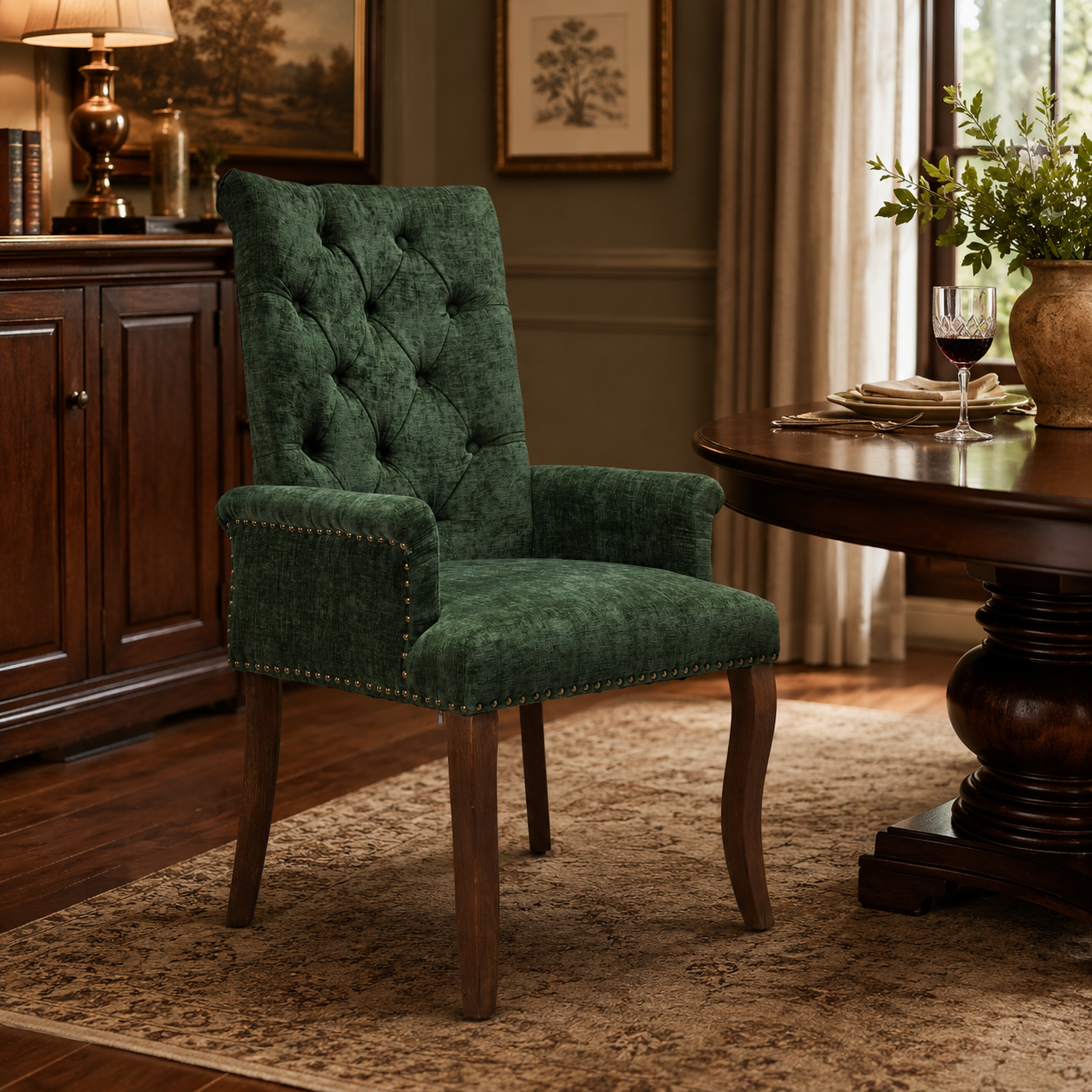 Sarine Chenille Tufted Dining Chair with Roll Top Back and Curved Wood Legs