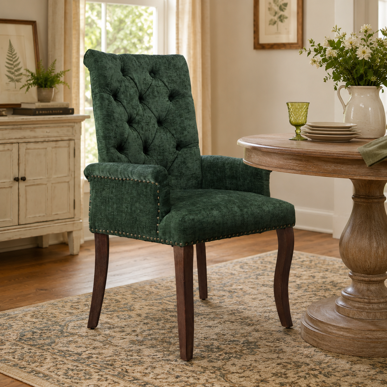 Sarine Chenille Tufted Dining Chair with Roll Top Back and Curved Wood Legs