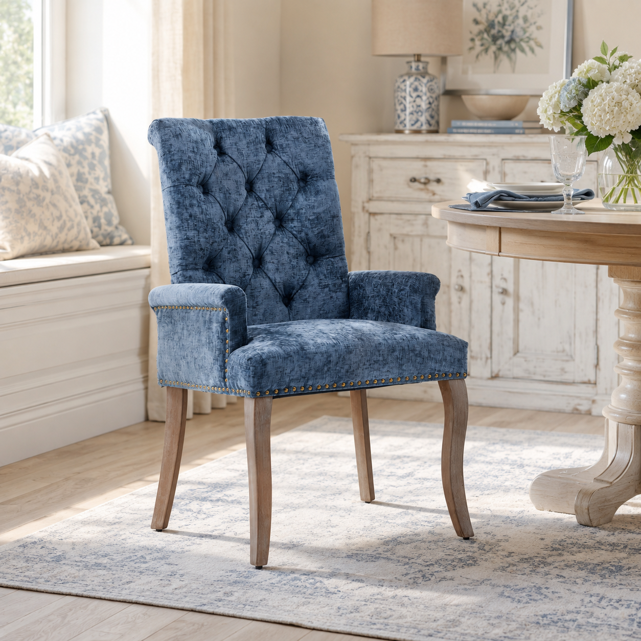 Sarine Chenille Tufted Dining Chair with Roll Top Back and Curved Wood Legs