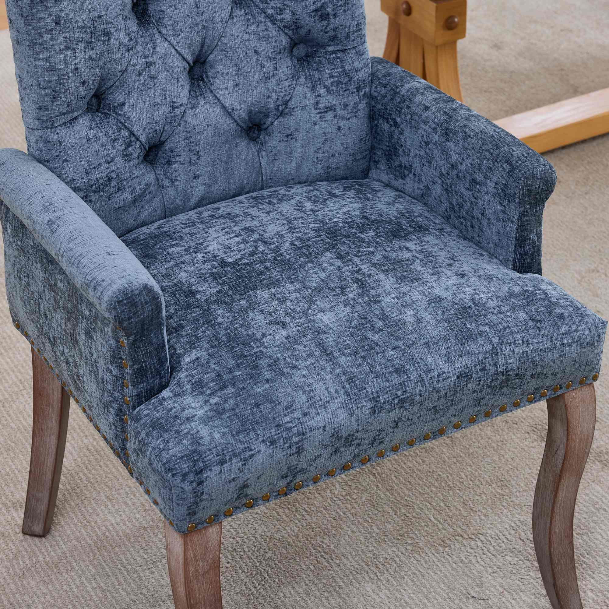 Sarine Chenille Tufted Dining Chair with Roll Top Back and Curved Wood Legs
