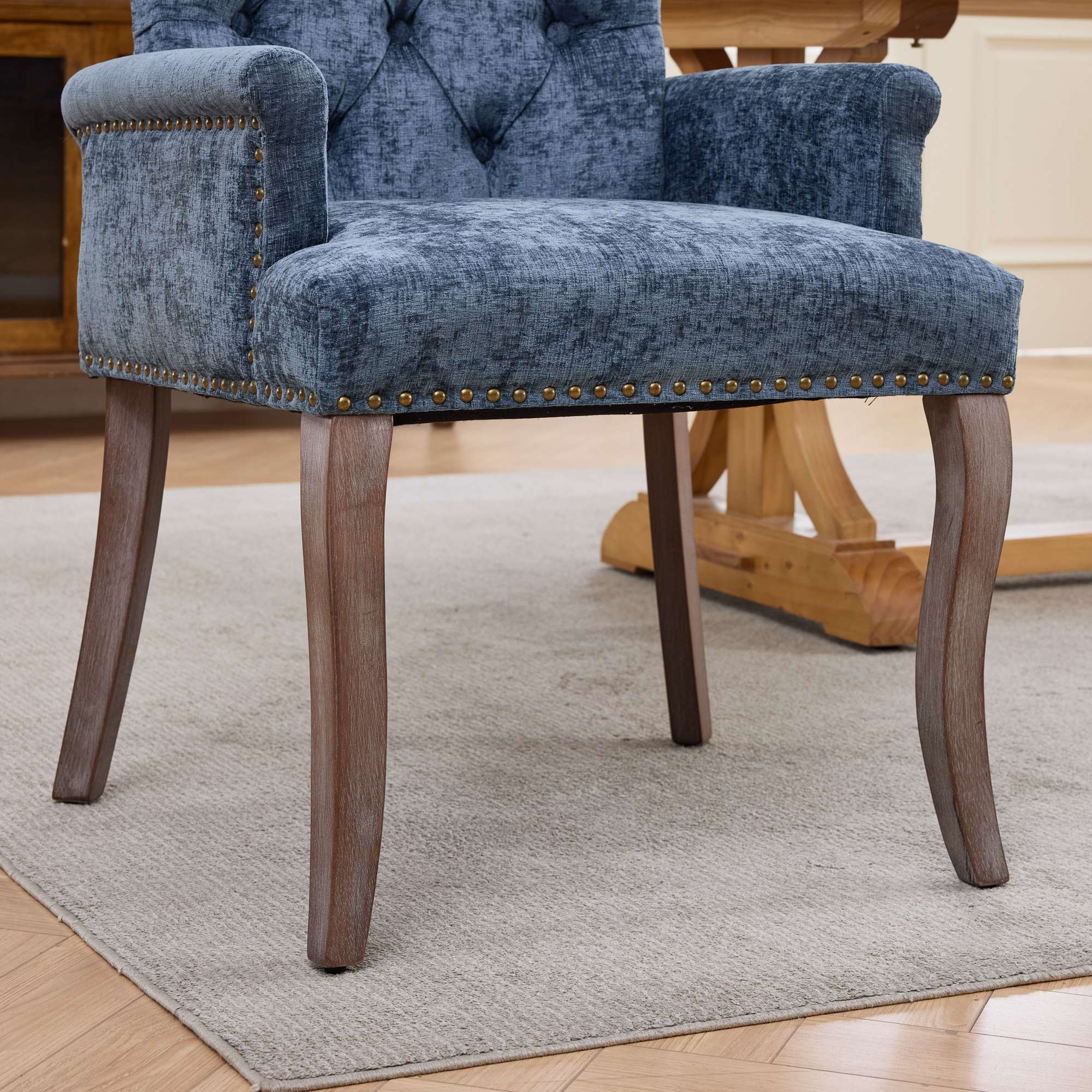 Sarine Chenille Tufted Dining Chair with Roll Top Back and Curved Wood Legs