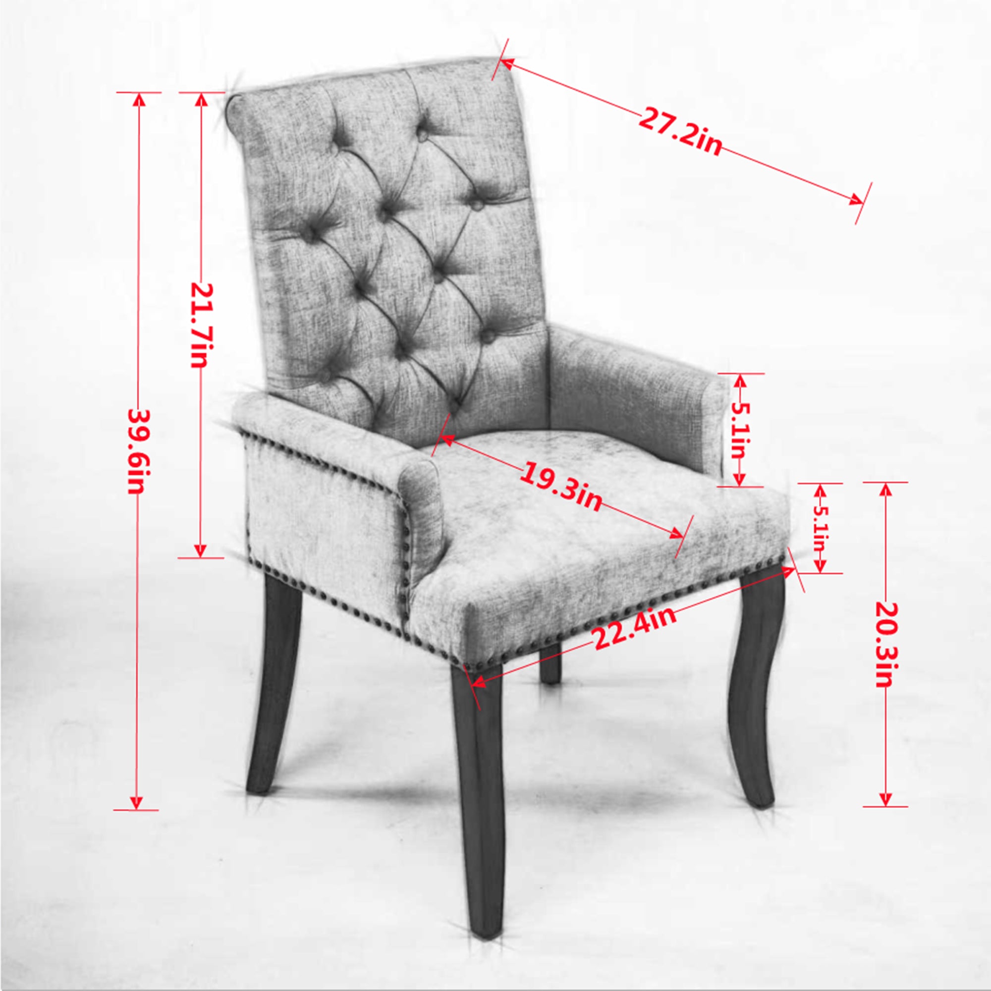Sarine Chenille Tufted Dining Chair with Roll Top Back and Curved Wood Legs