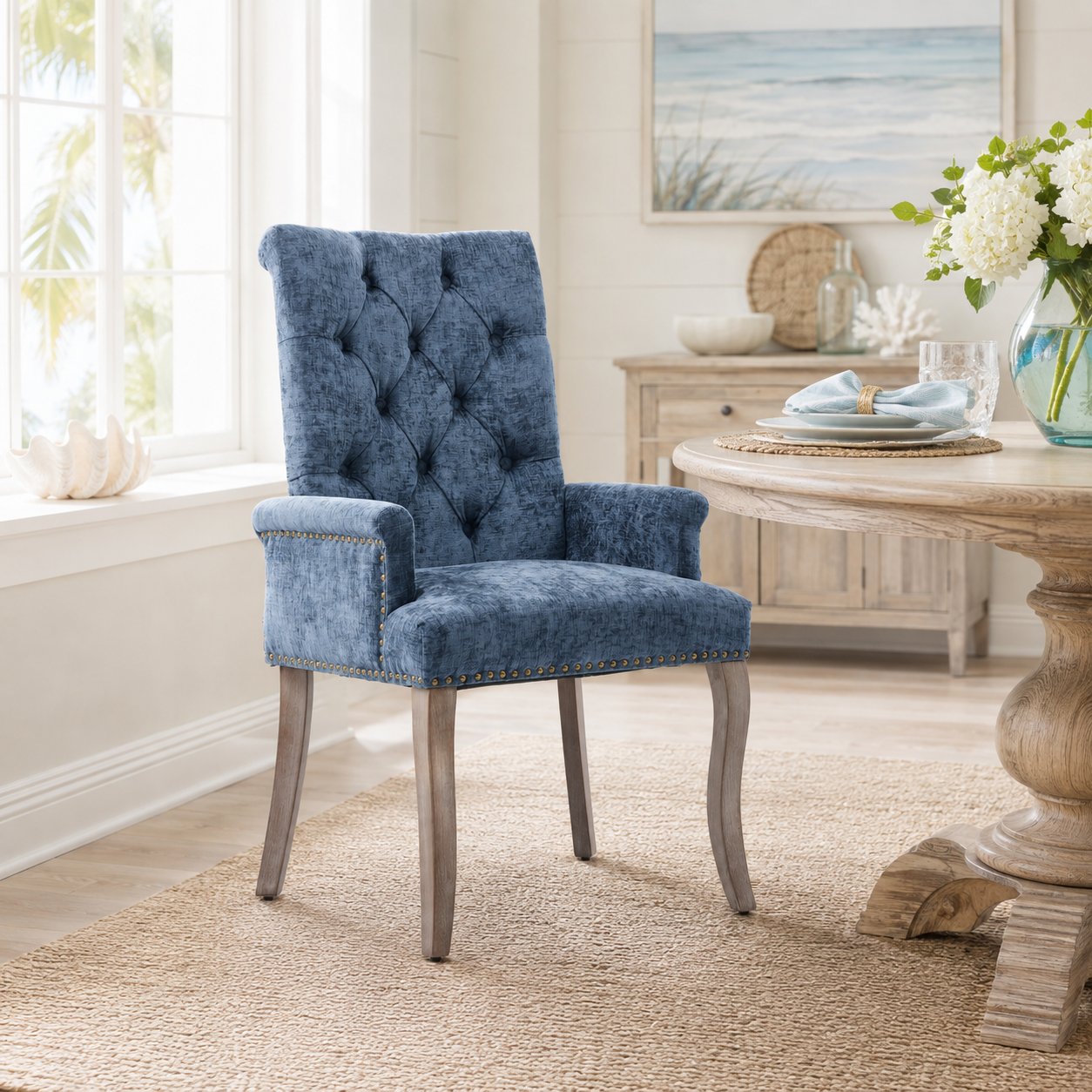Sarine Chenille Tufted Dining Chair with Roll Top Back and Curved Wood Legs