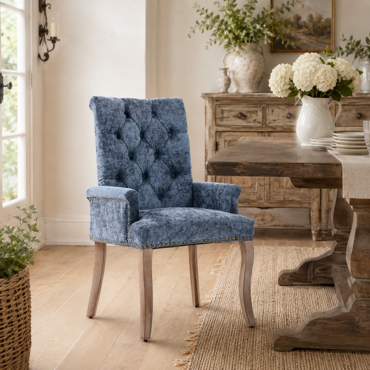 Sarine Chenille Tufted Dining Chair with Roll Top Back and Curved Wood Legs