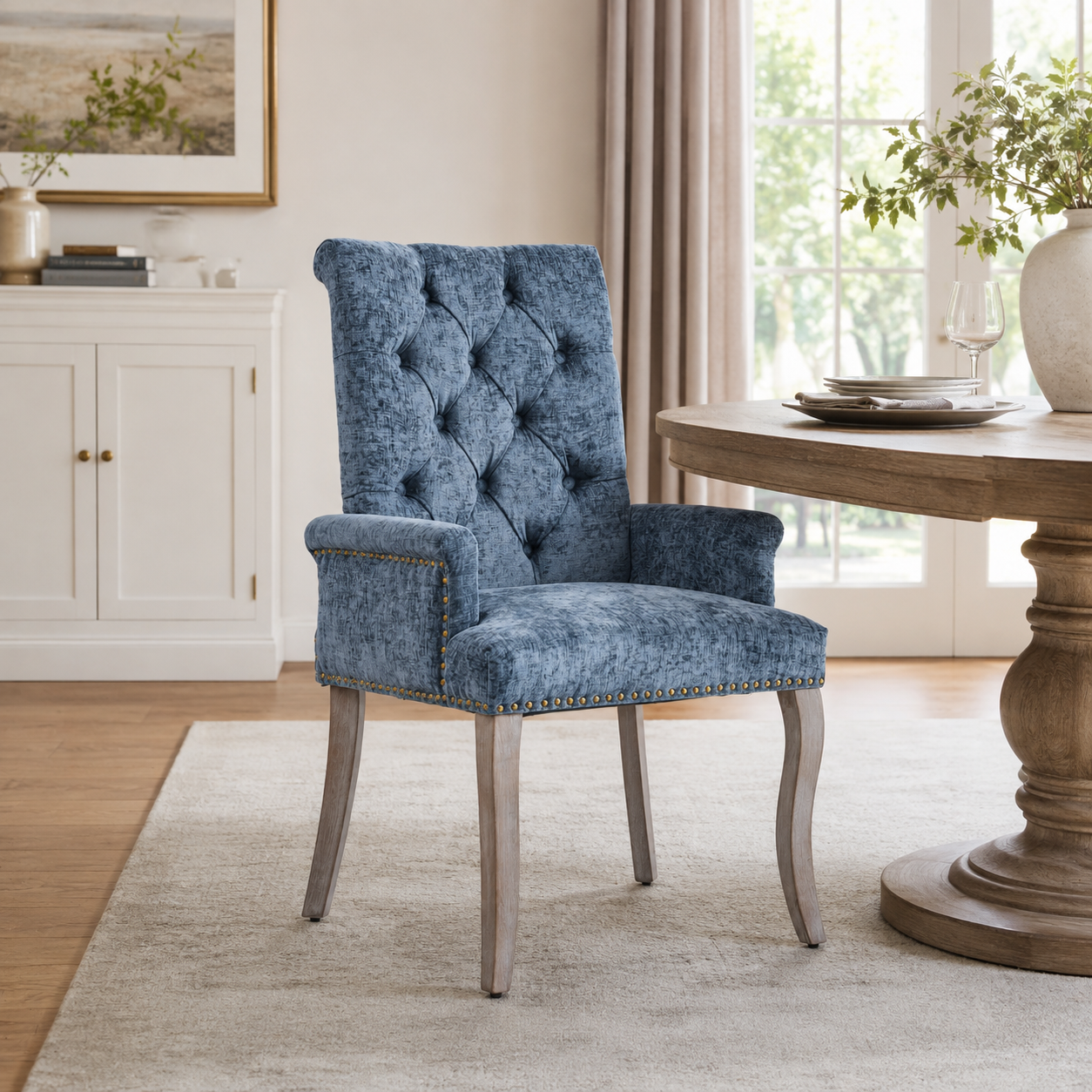 Sarine Chenille Tufted Dining Chair with Roll Top Back and Curved Wood Legs