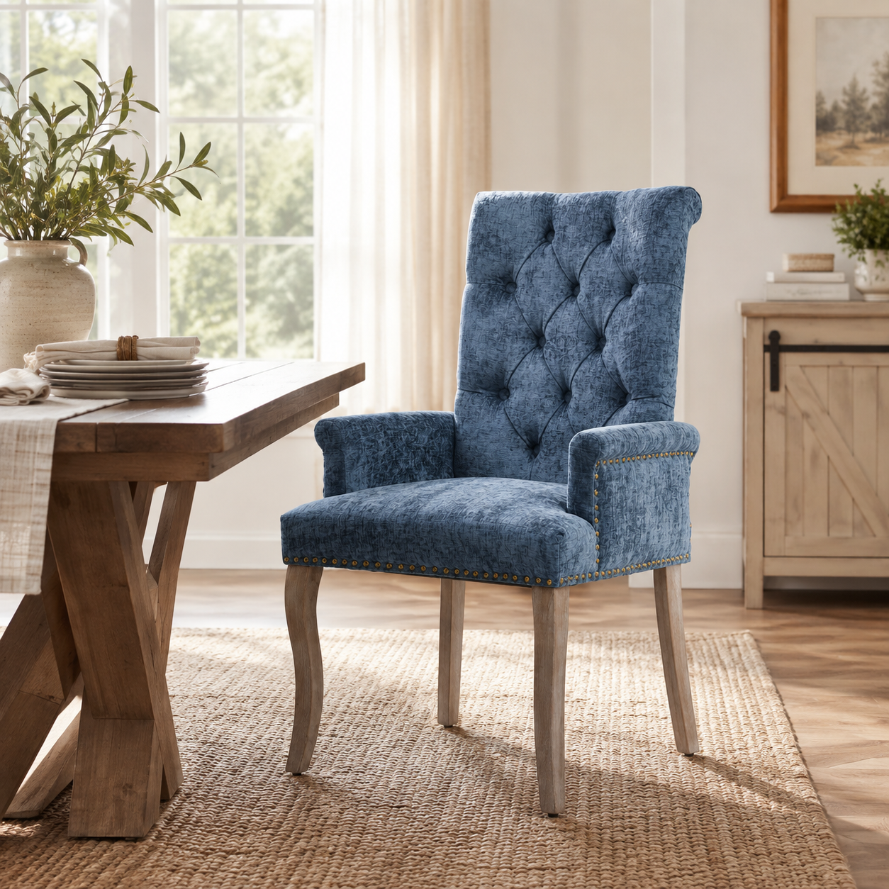 Sarine Chenille Tufted Dining Chair with Roll Top Back and Curved Wood Legs