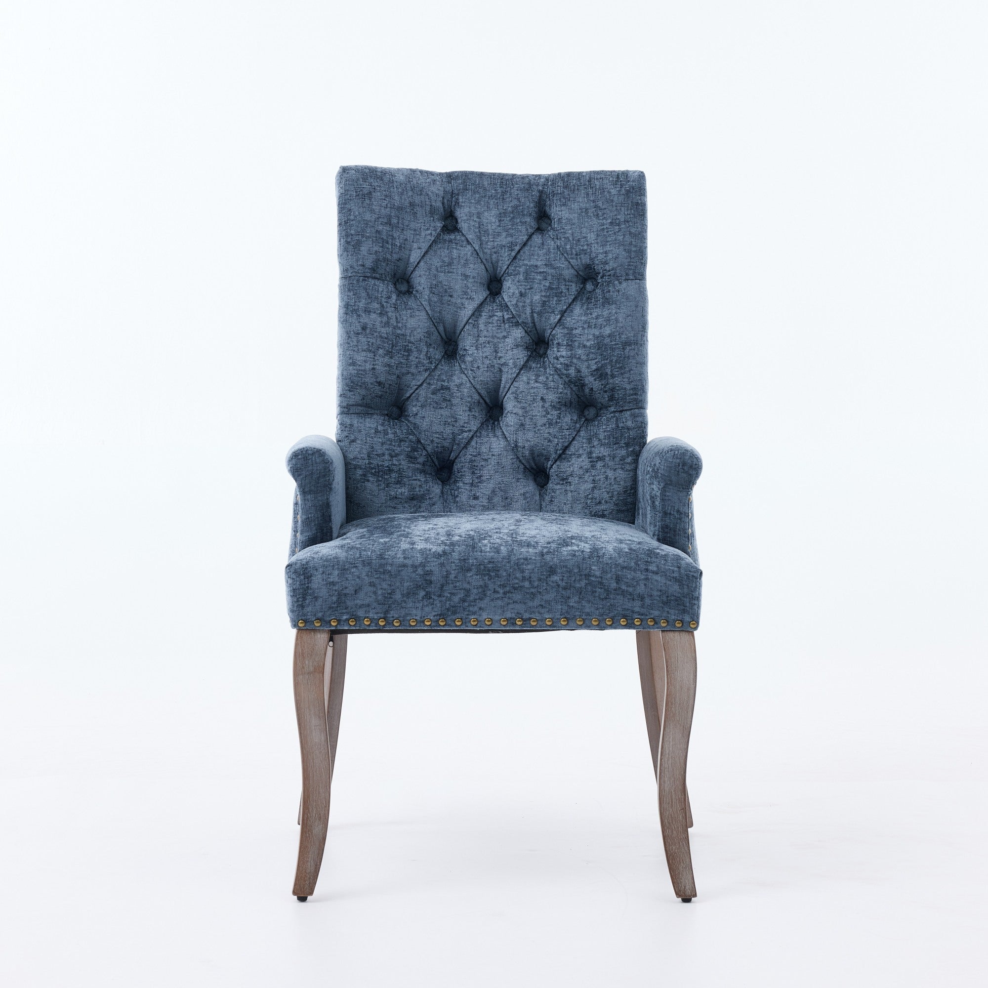 Sarine Chenille Tufted Dining Chair with Roll Top Back and Curved Wood Legs