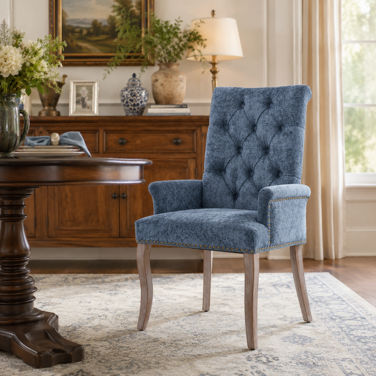Sarine Chenille Tufted Dining Chair with Roll Top Back and Curved Wood Legs