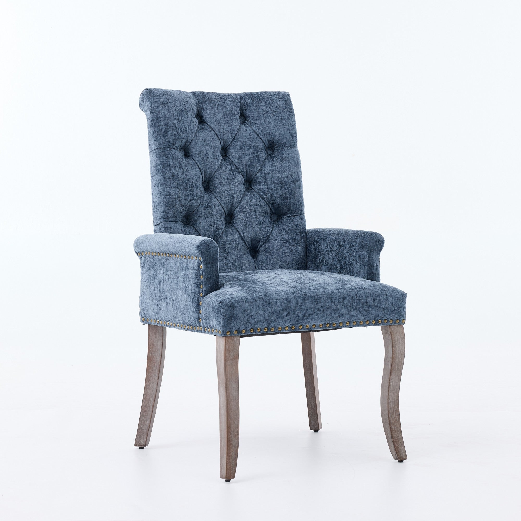 Sarine Chenille Tufted Dining Chair with Roll Top Back and Curved Wood Legs