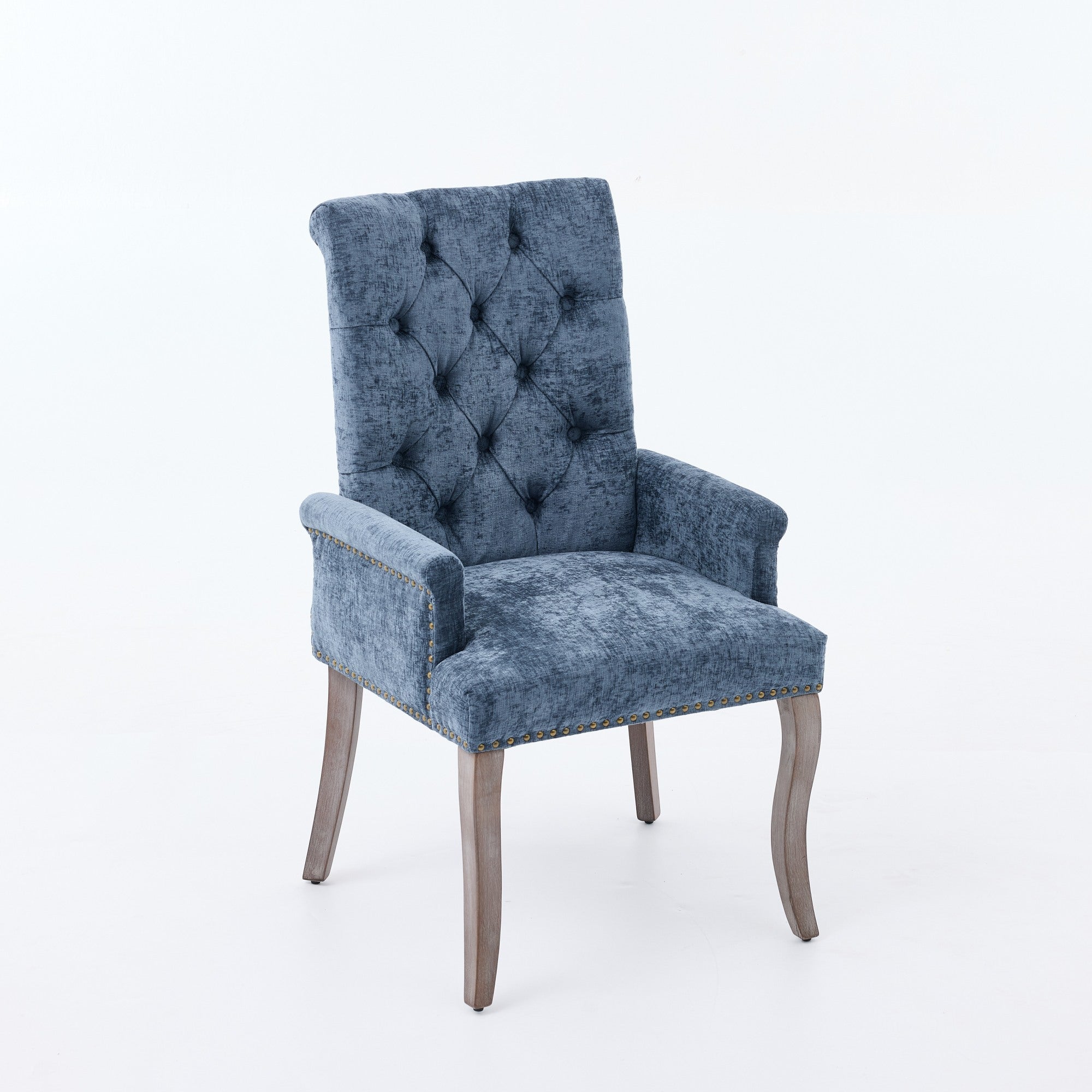 Sarine Chenille Tufted Dining Chair with Roll Top Back and Curved Wood Legs