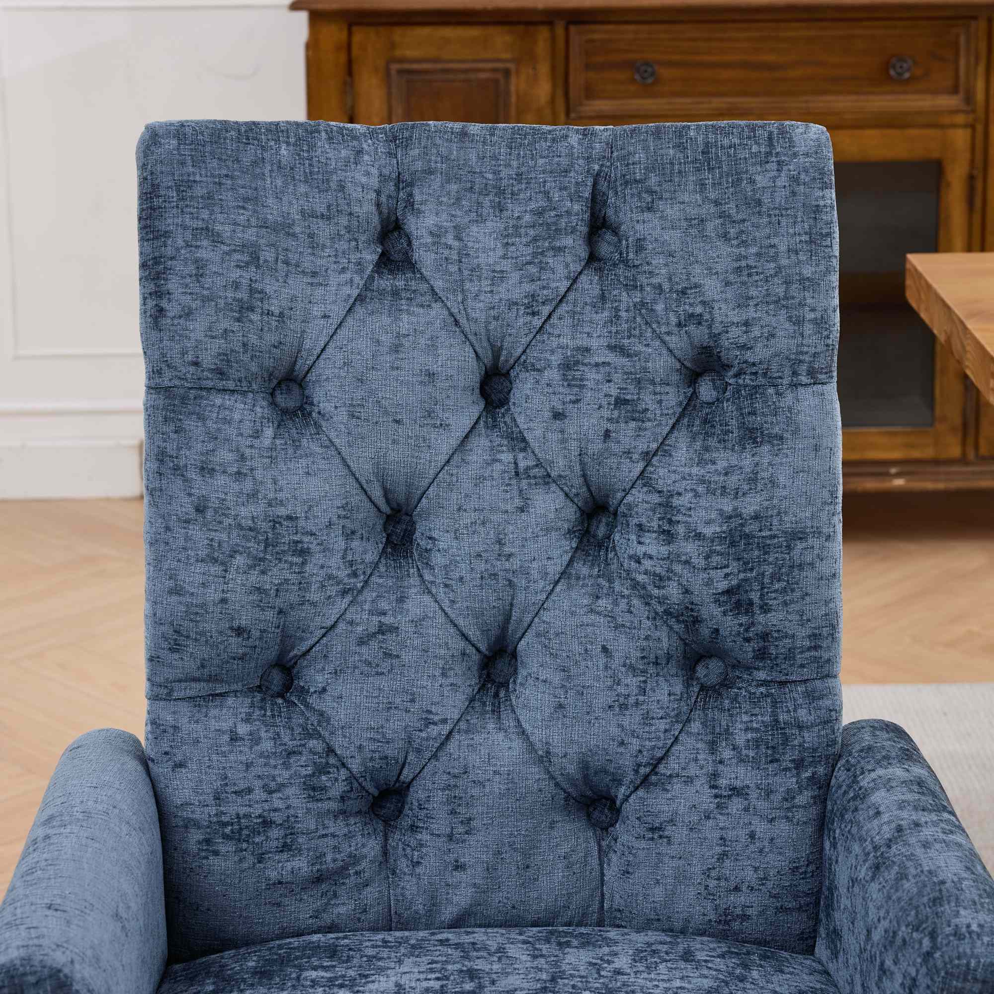 Sarine Chenille Tufted Dining Chair with Roll Top Back and Curved Wood Legs