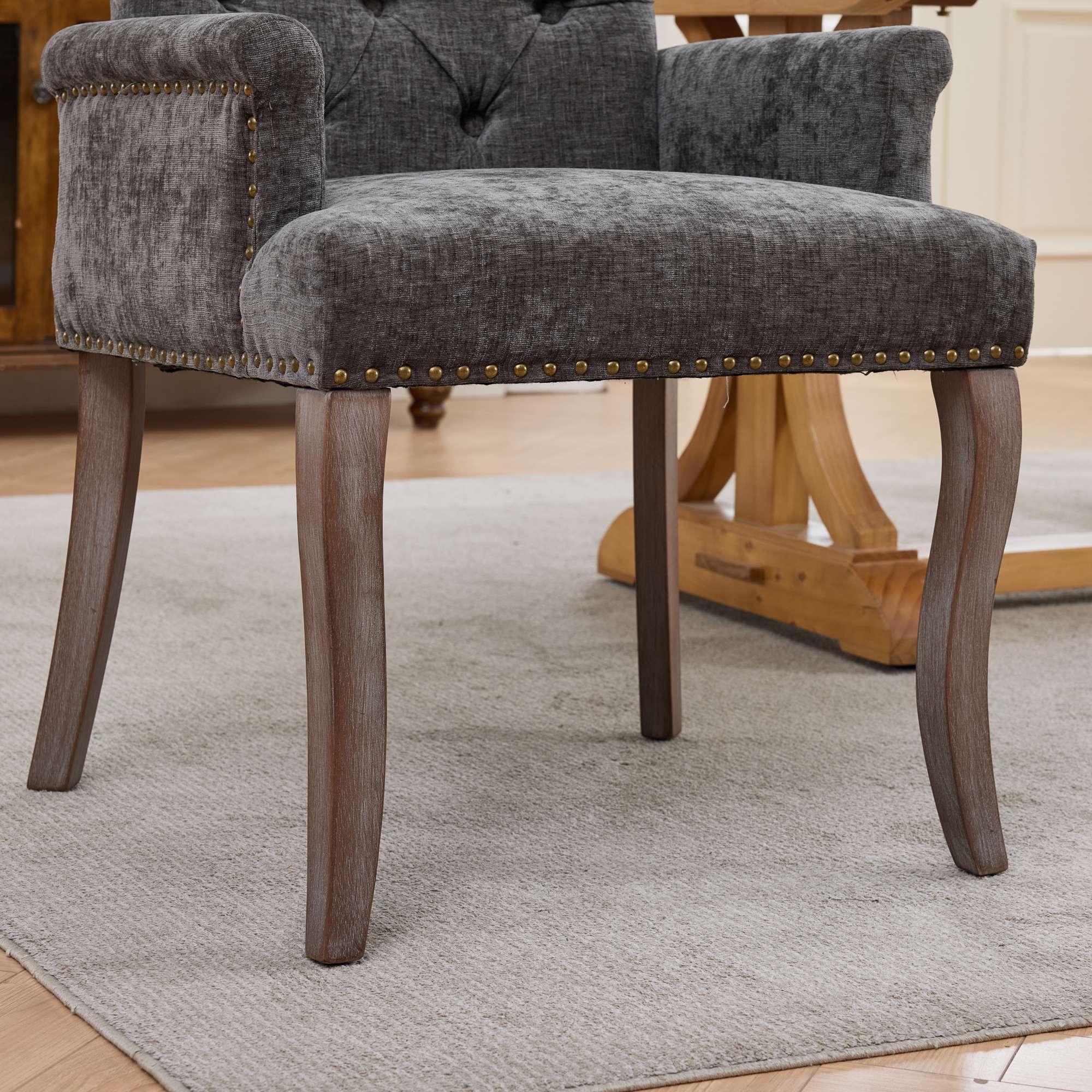 Sarine Chenille Tufted Dining Chair with Roll Top Back and Curved Wood Legs