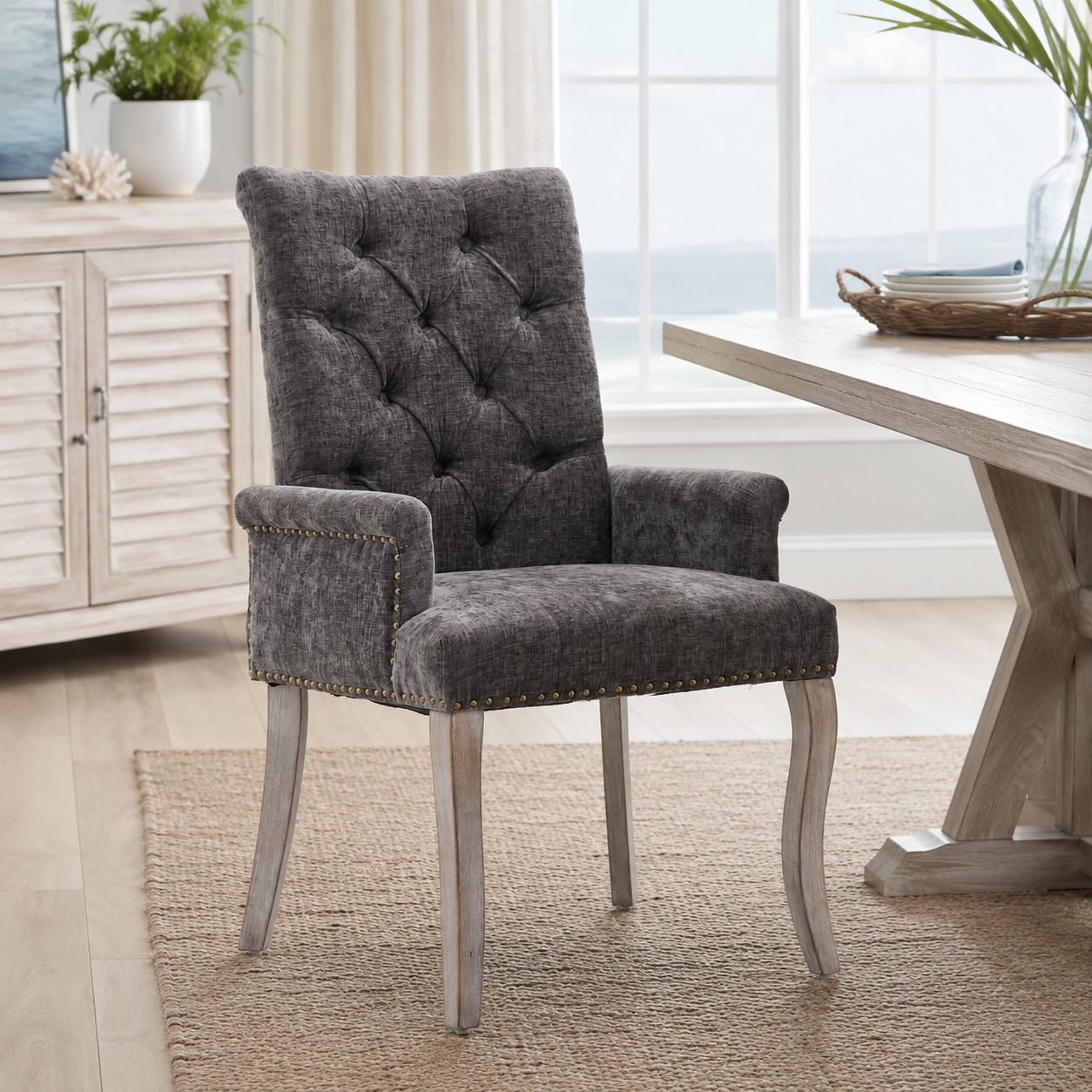 Sarine Chenille Tufted Dining Chair with Roll Top Back and Curved Wood Legs