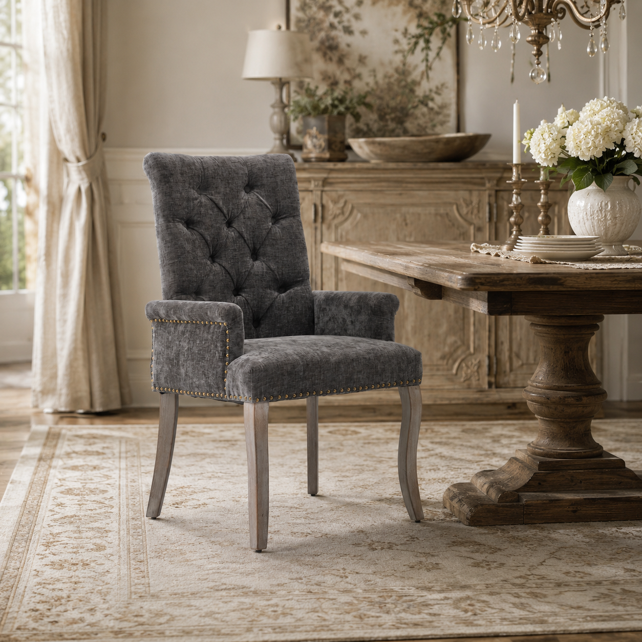 Sarine Chenille Tufted Dining Chair with Roll Top Back and Curved Wood Legs