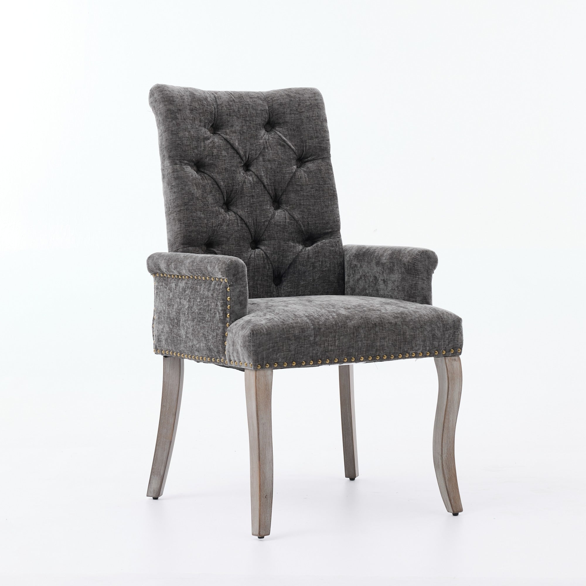 Sarine Chenille Tufted Dining Chair with Roll Top Back and Curved Wood Legs