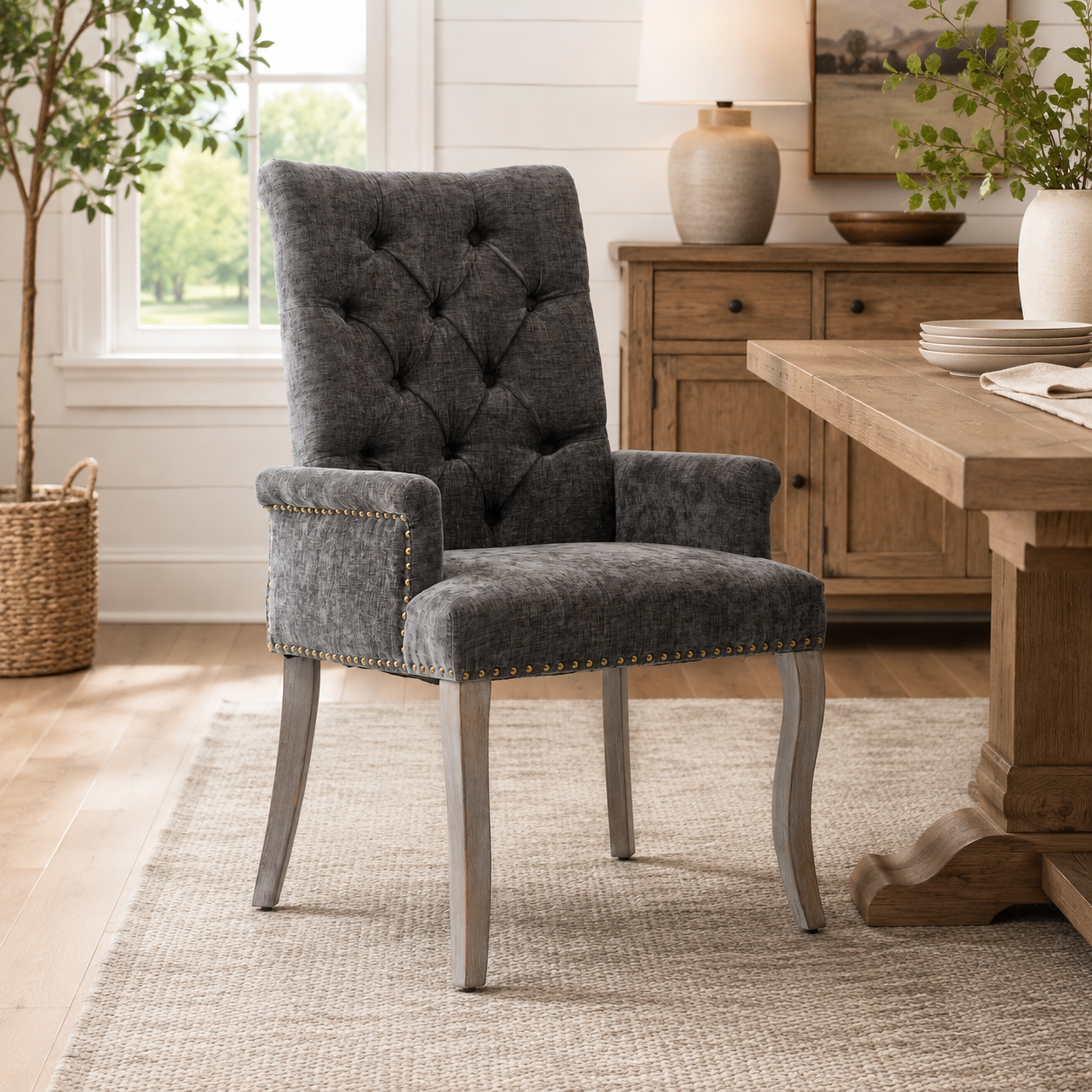 Sarine Chenille Tufted Dining Chair with Roll Top Back and Curved Wood Legs