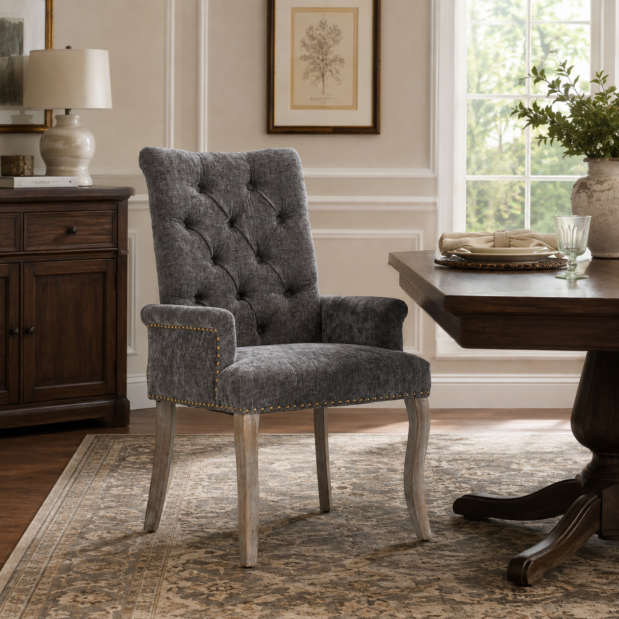 Sarine Chenille Tufted Dining Chair with Roll Top Back and Curved Wood Legs