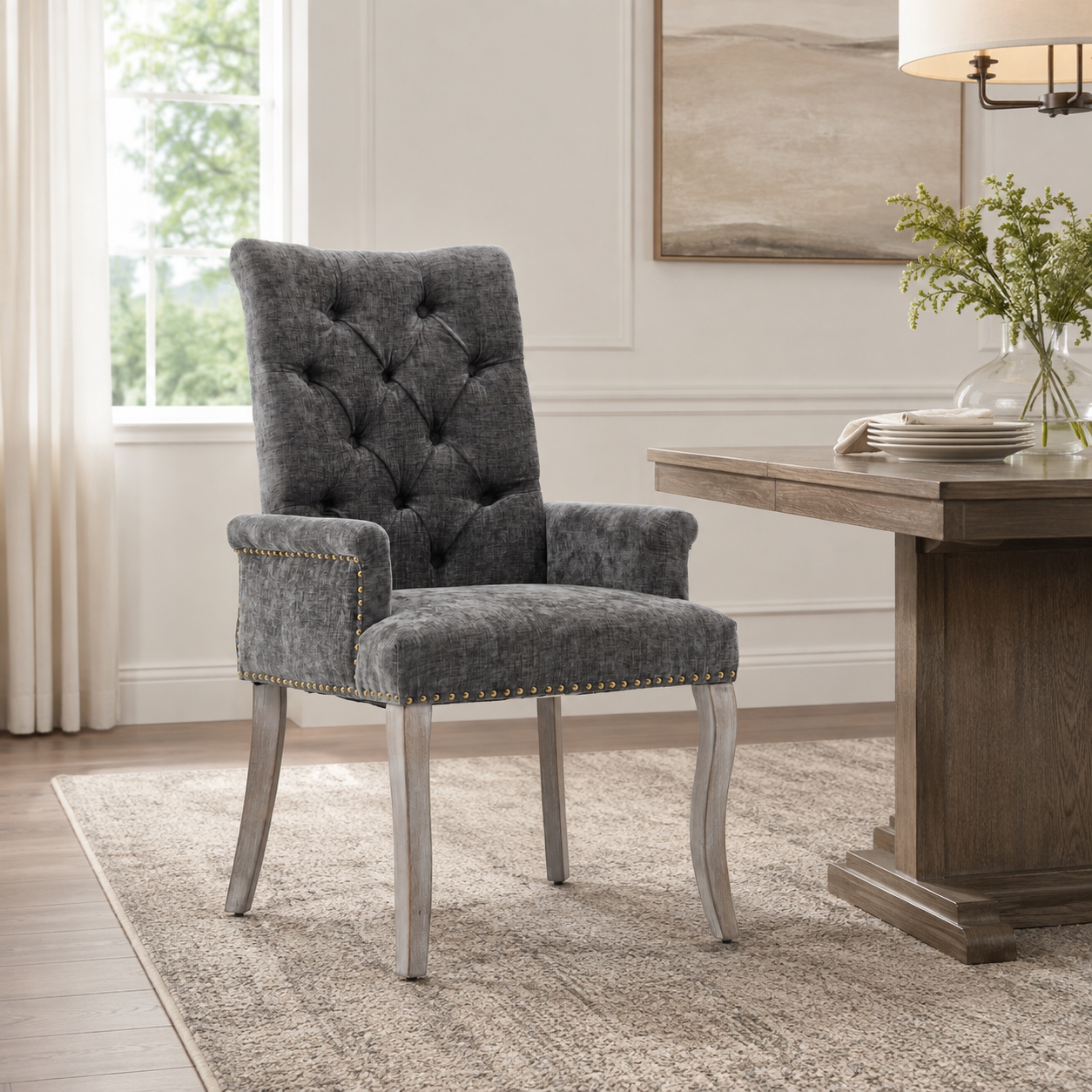 Sarine Chenille Tufted Dining Chair with Roll Top Back and Curved Wood Legs