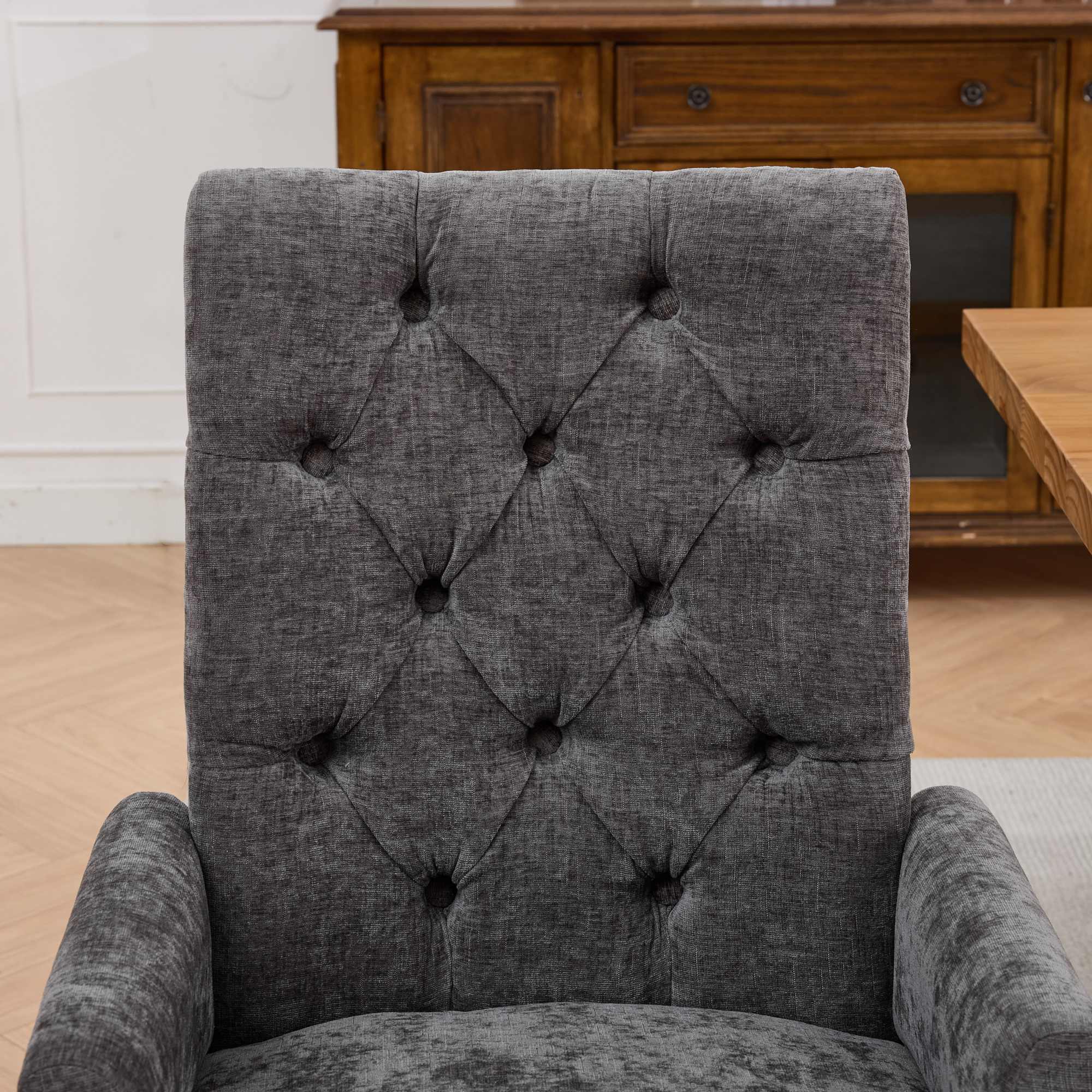 Sarine Chenille Tufted Dining Chair with Roll Top Back and Curved Wood Legs