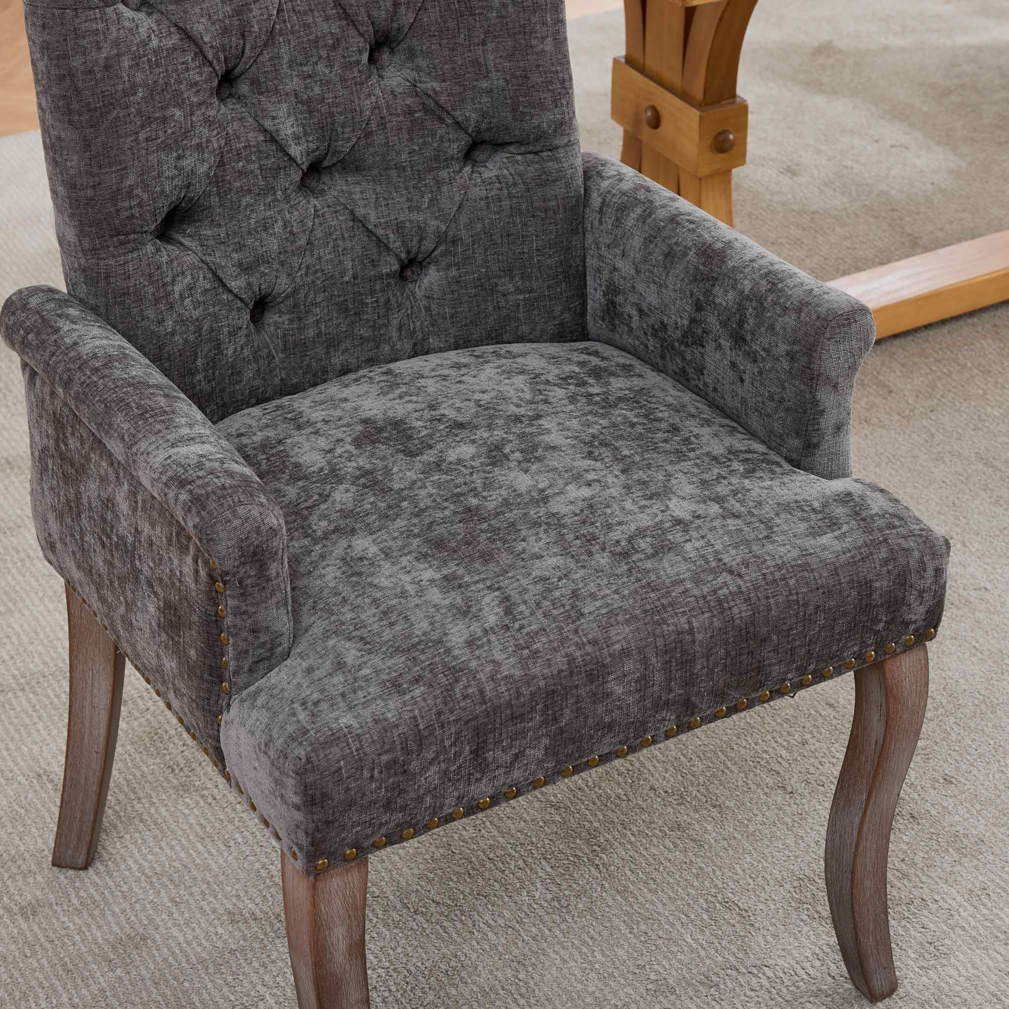 Sarine Chenille Tufted Dining Chair with Roll Top Back and Curved Wood Legs