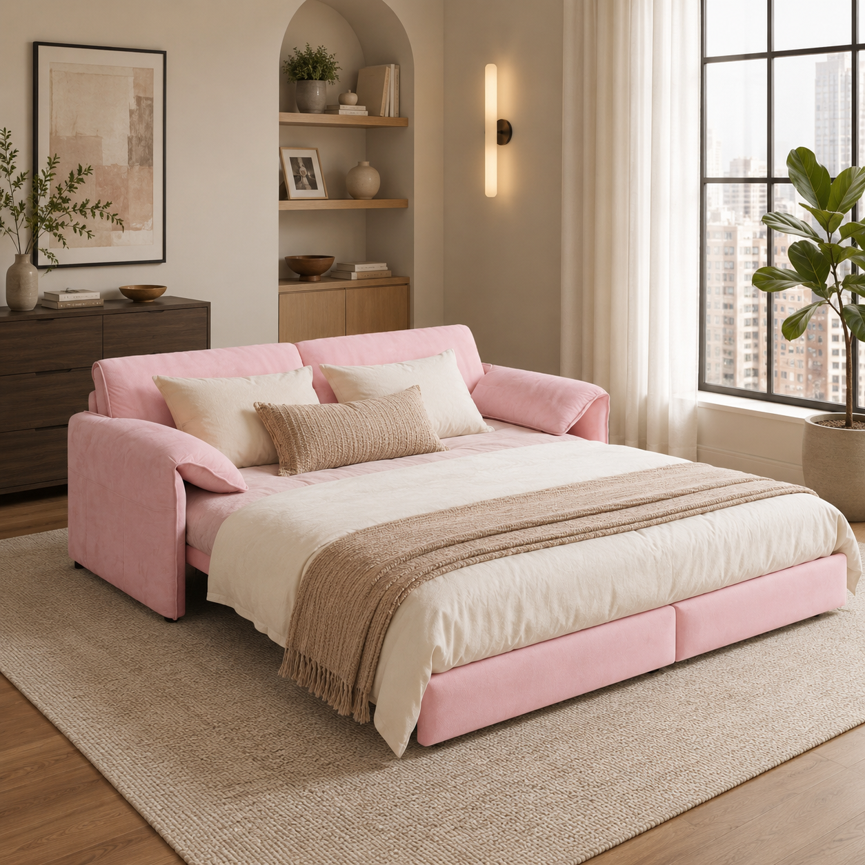 Freja 66" Velvet Convertible Sofa Bed with Pull-Out Sleeper and Side Storage