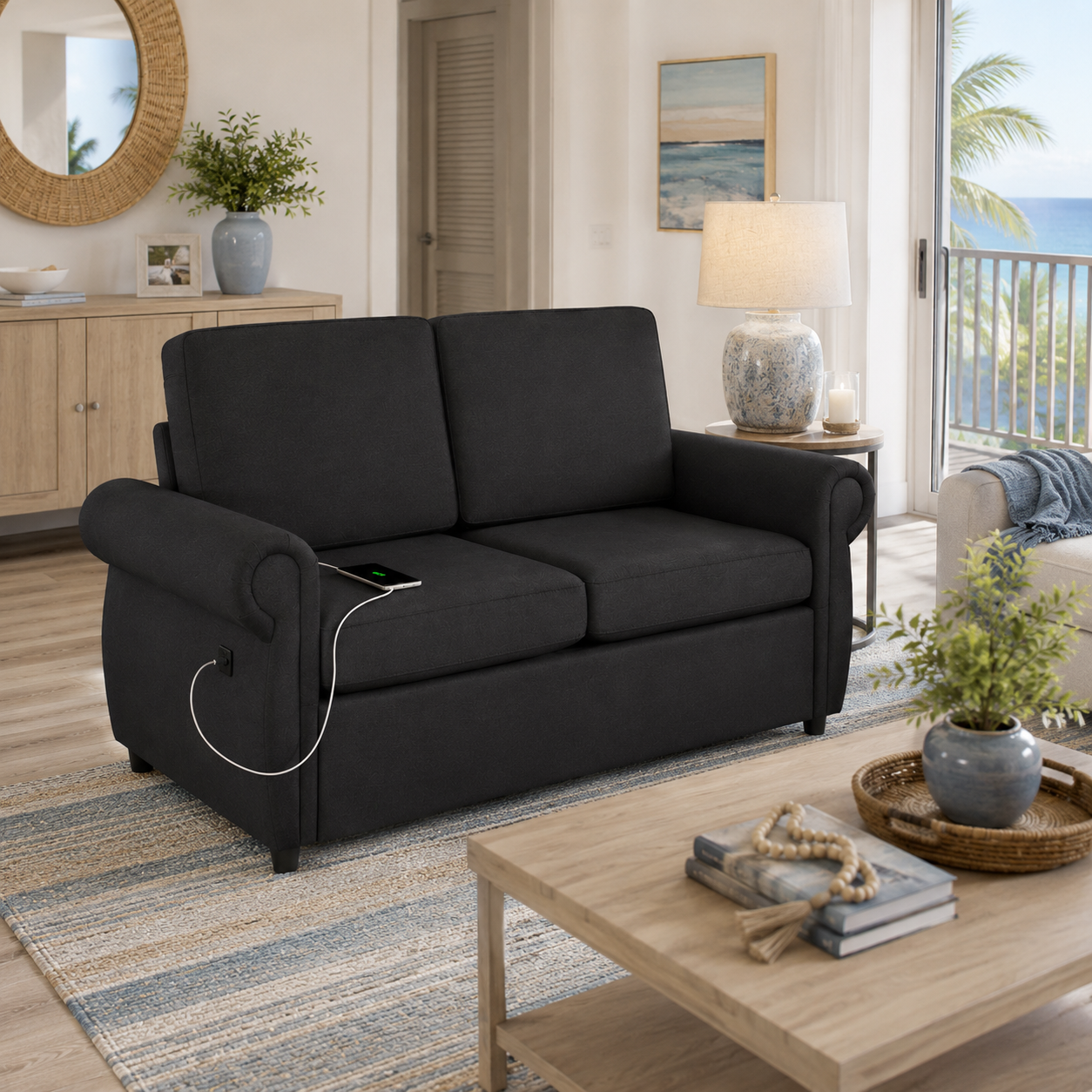 Chula 58" Linen Loveseat Sleeper Sofa with Memory Foam Mattress and USB Ports