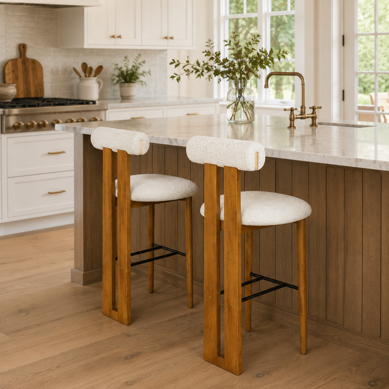 Pienza 29.5" Solid Rubberwood Bolster Back Upholstered Bar Height Stool Set of 2