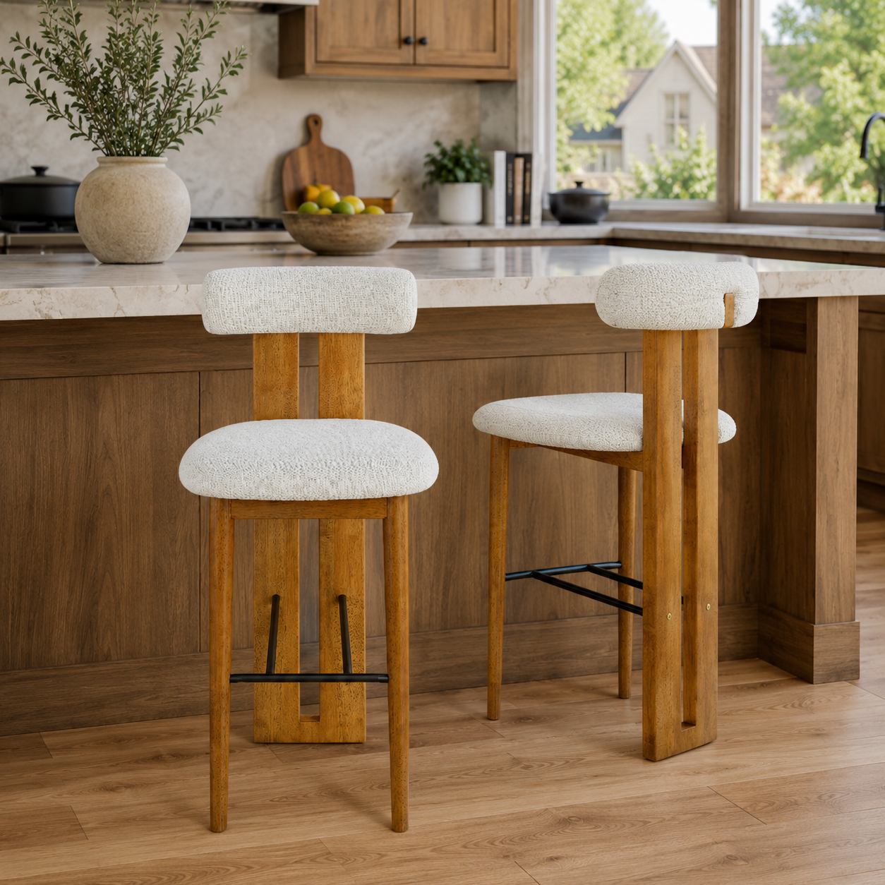 Pienza 29.5" Solid Rubberwood Bolster Back Upholstered Bar Height Stool Set of 2