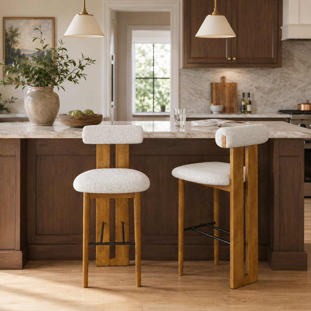 Pienza 29.5" Solid Rubberwood Bolster Back Upholstered Bar Height Stool Set of 2