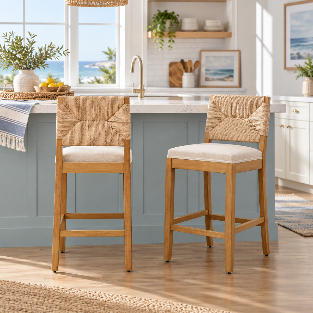 Saumur 26" Woven Rope Back Counter Height Bar Stools with Solid Wood Frame Set of 2
