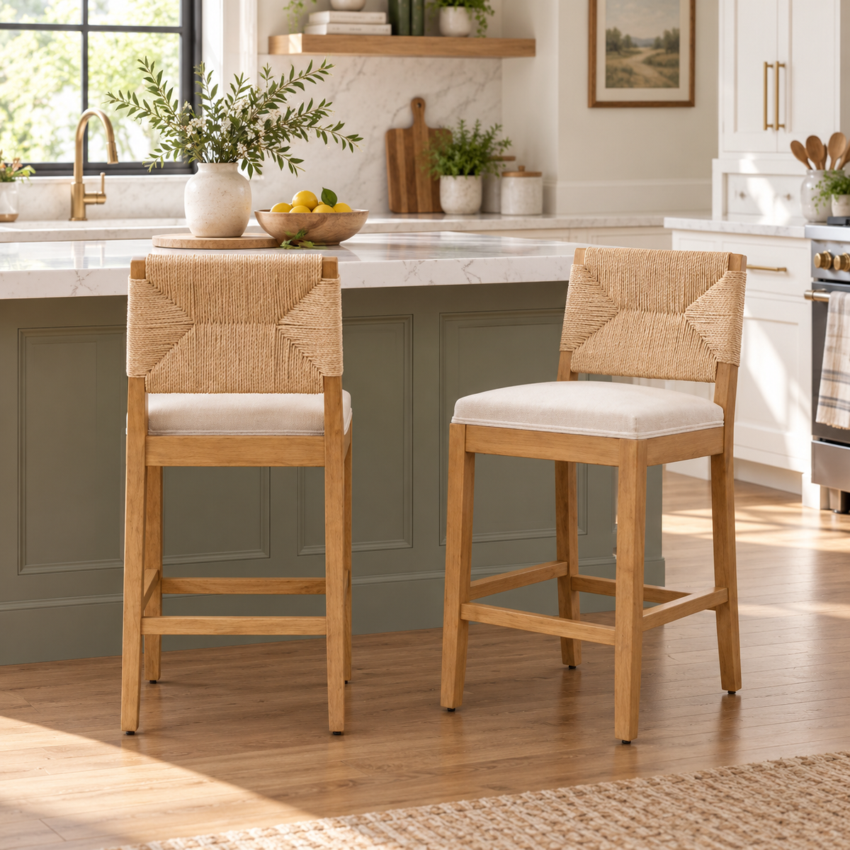 Saumur 26" Woven Rope Back Counter Height Bar Stools with Solid Wood Frame Set of 2