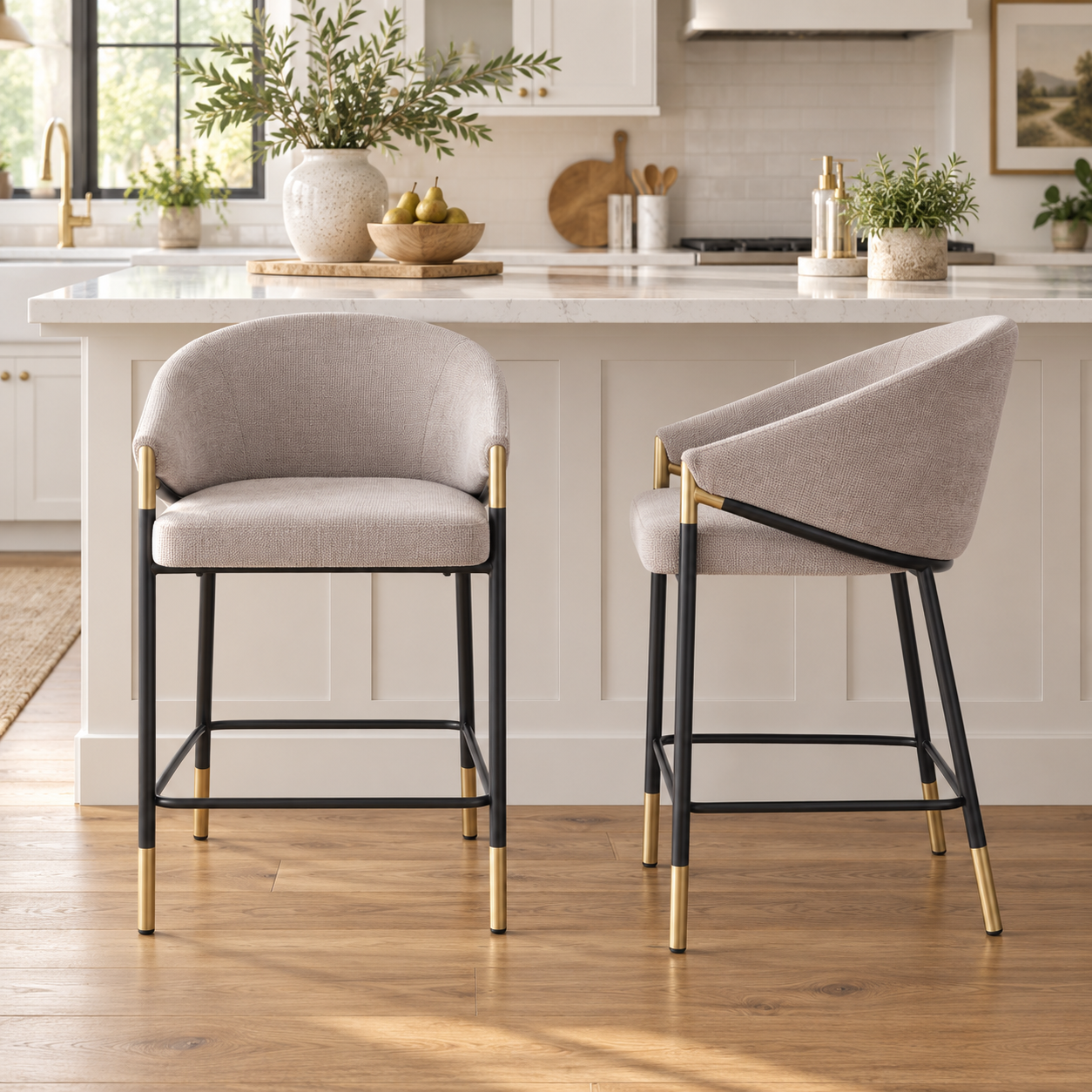 Cornas 26" Upholstered Counter Height Bar Stools with Curved Barrel Back and Arms Set of 2