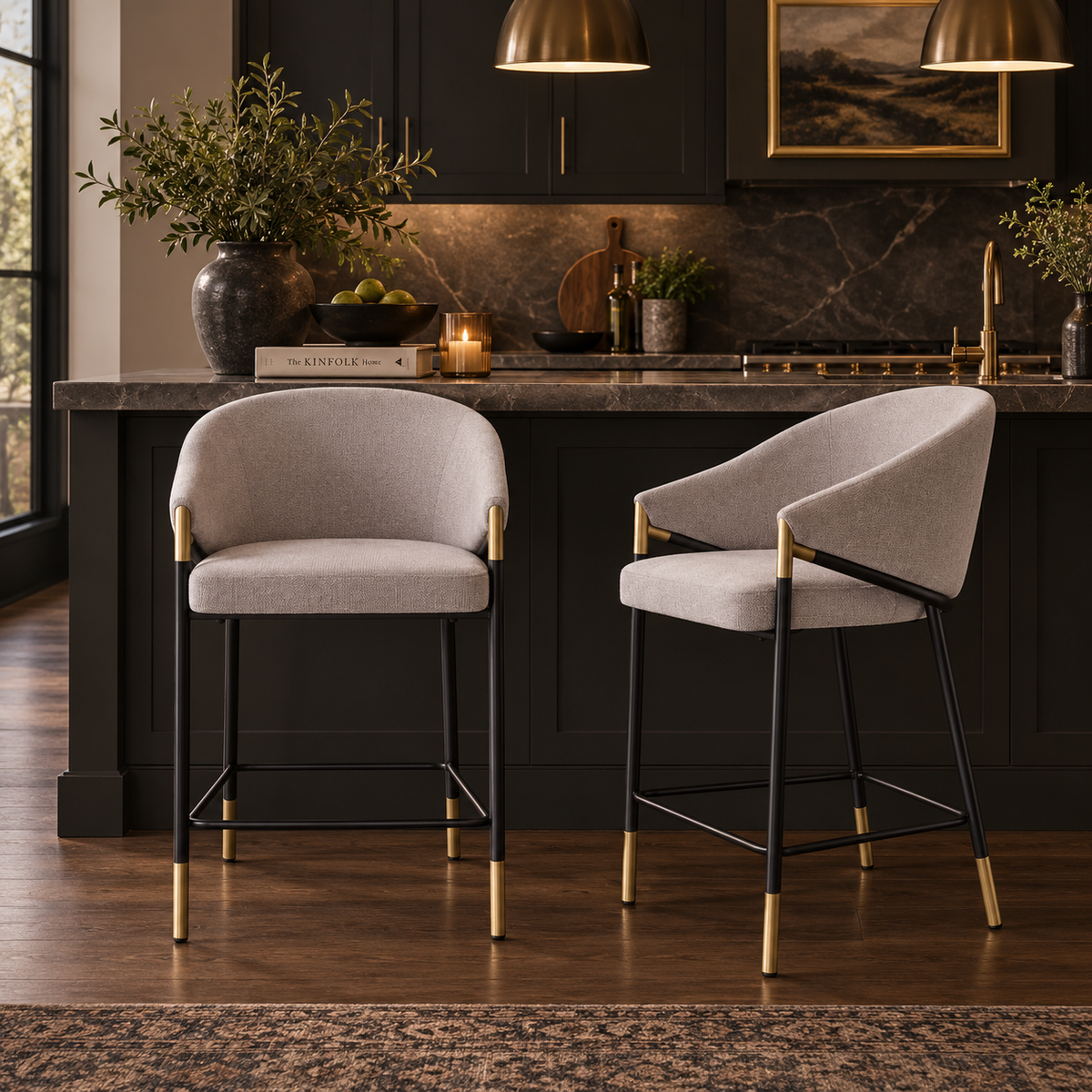 Cornas 26" Upholstered Counter Height Bar Stools with Curved Barrel Back and Arms Set of 2