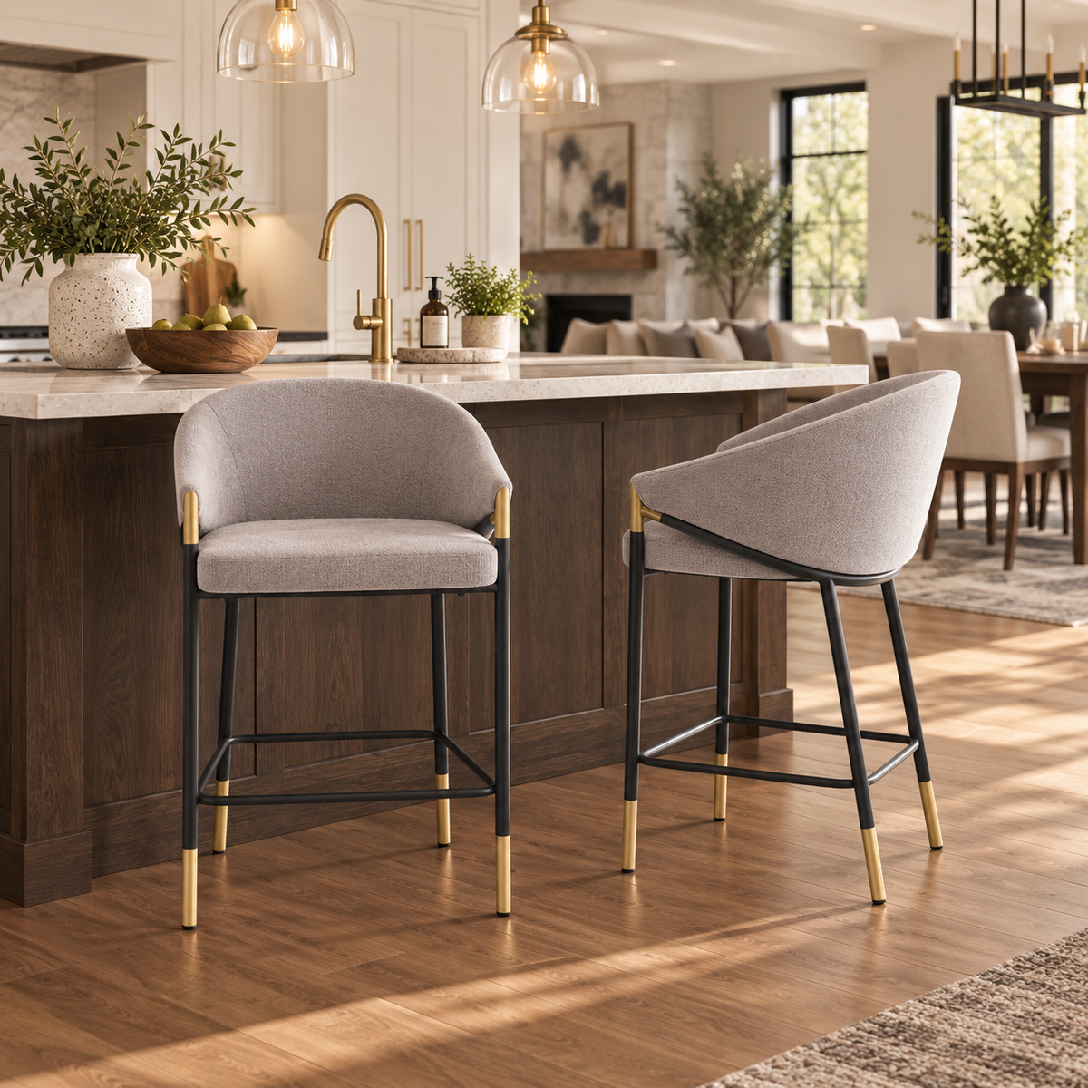 Cornas 26" Upholstered Counter Height Bar Stools with Curved Barrel Back and Arms Set of 2