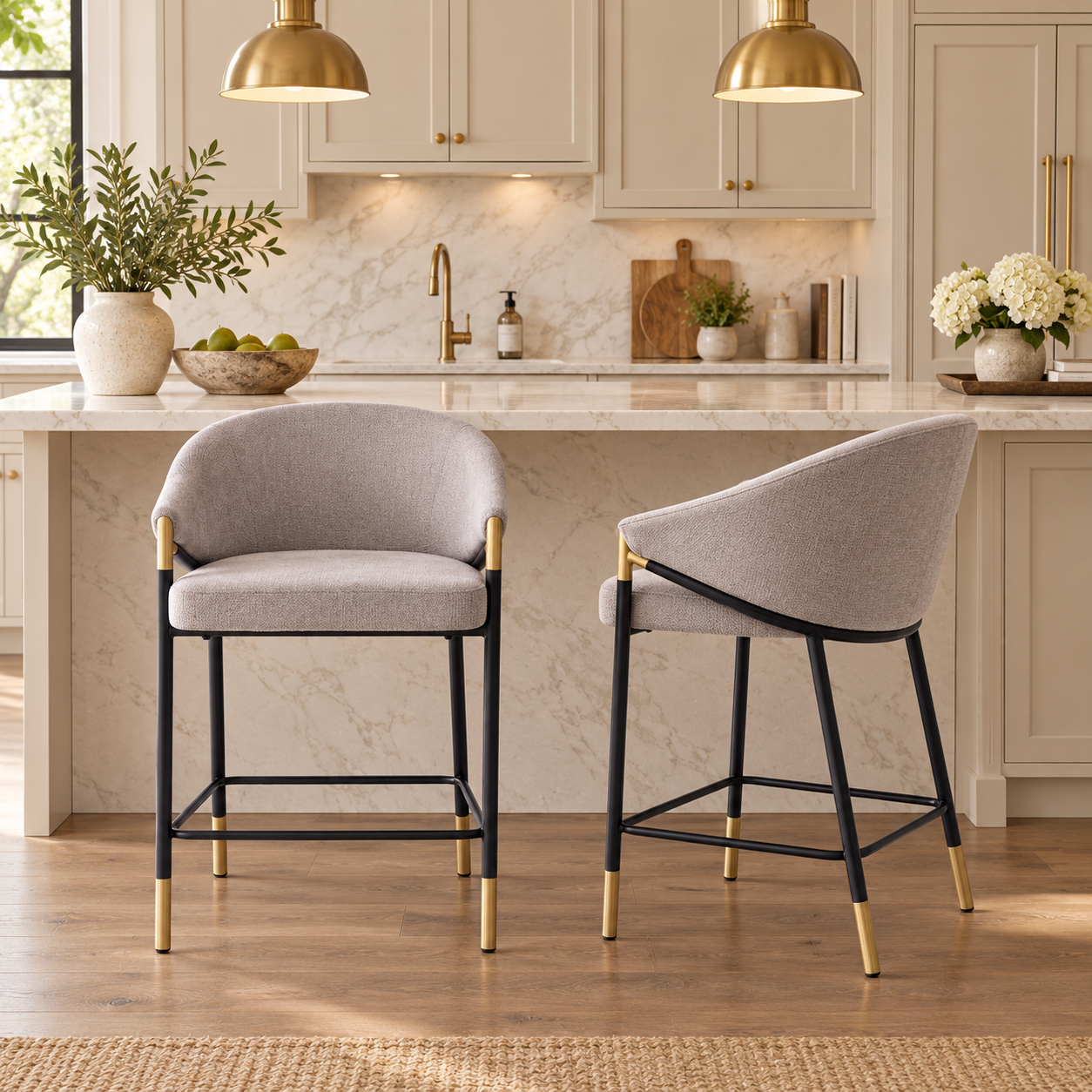 Cornas 26" Upholstered Counter Height Bar Stools with Curved Barrel Back and Arms Set of 2