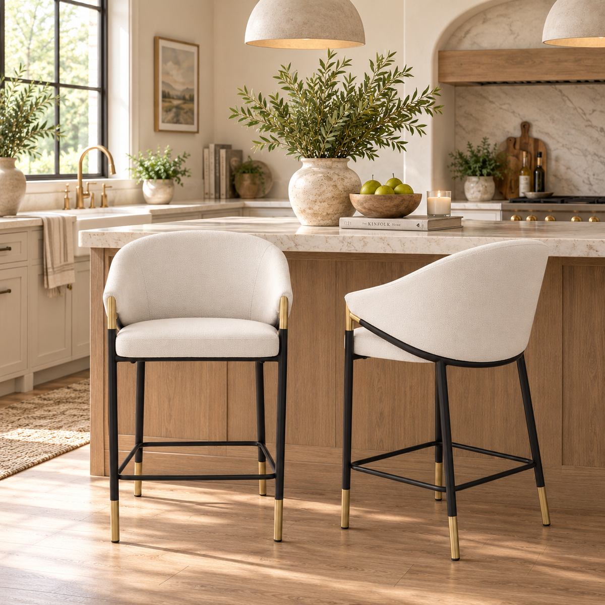 Cornas 26" Upholstered Counter Height Bar Stools with Curved Barrel Back and Arms Set of 2