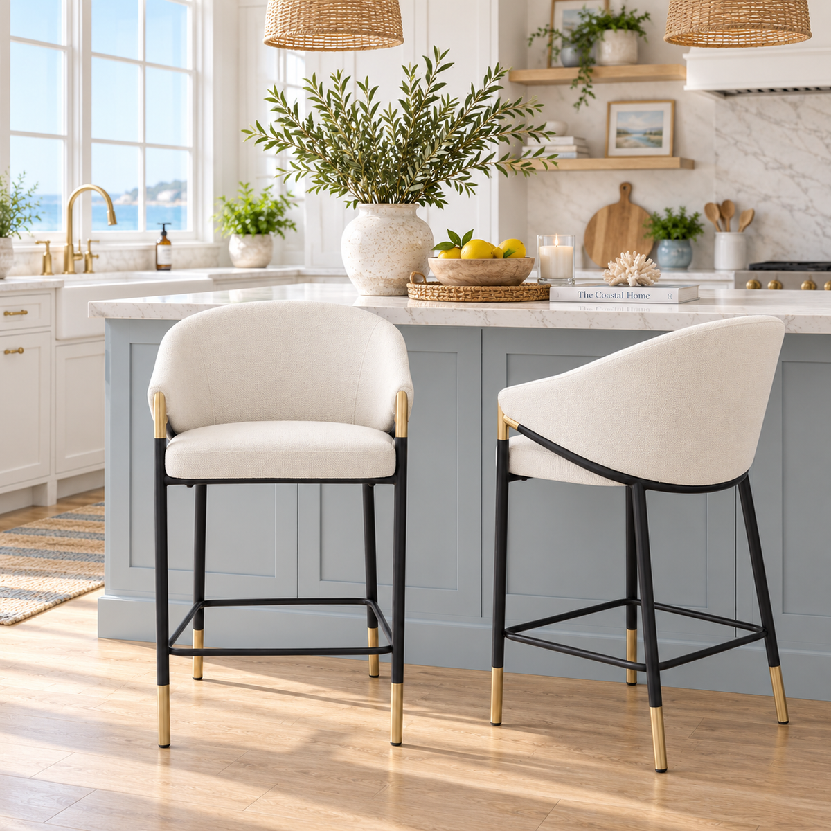 Cornas 26" Upholstered Counter Height Bar Stools with Curved Barrel Back and Arms Set of 2