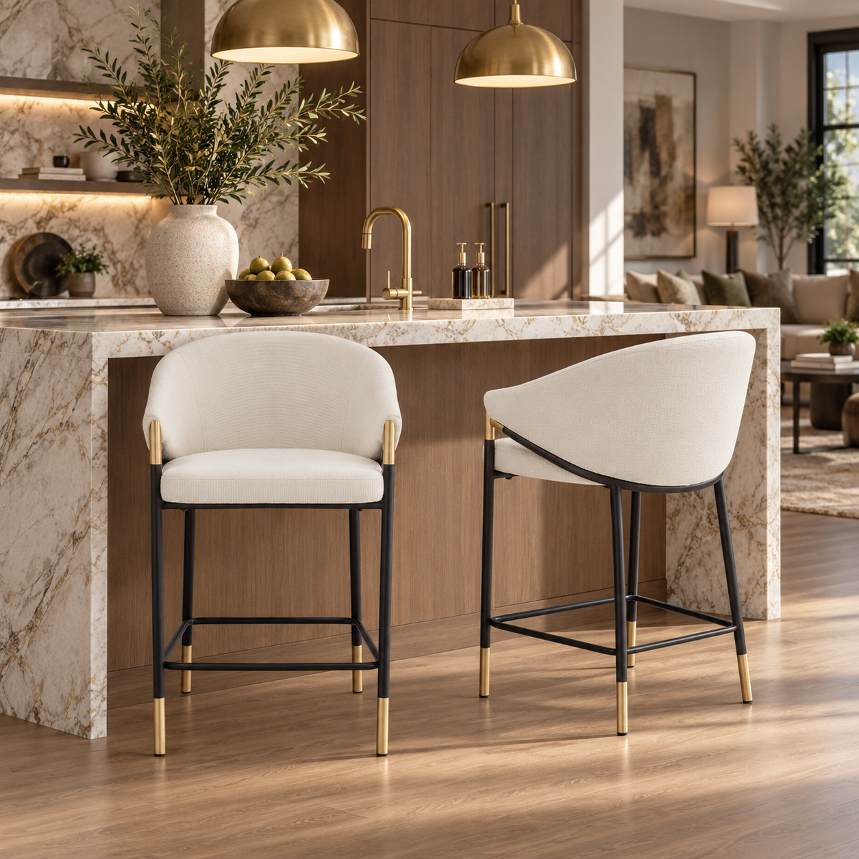 Cornas 26" Upholstered Counter Height Bar Stools with Curved Barrel Back and Arms Set of 2
