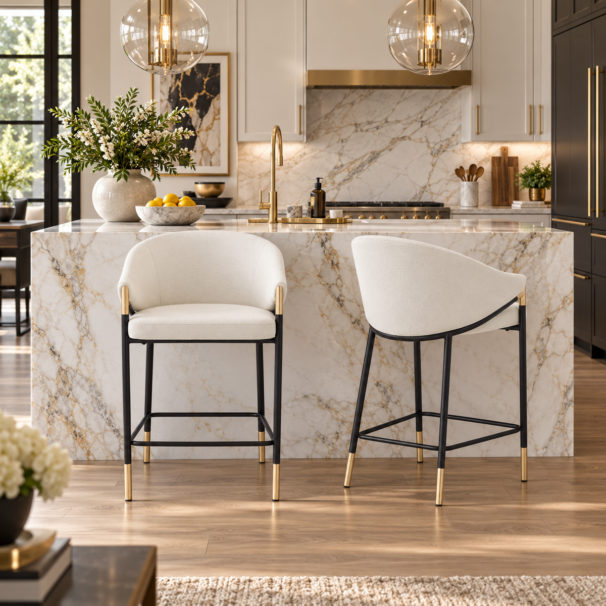 Cornas 26" Upholstered Counter Height Bar Stools with Curved Barrel Back and Arms Set of 2