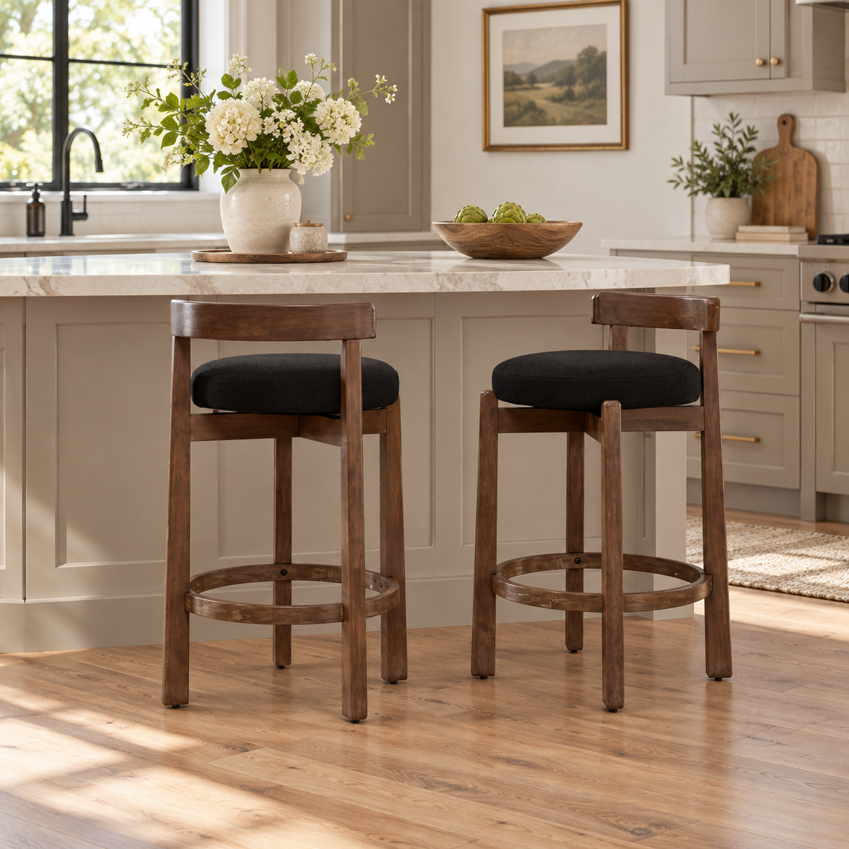 Etna 26" Rubberwood Counter Height Swivel Bar Stools with Upholstered Seats Set of 2