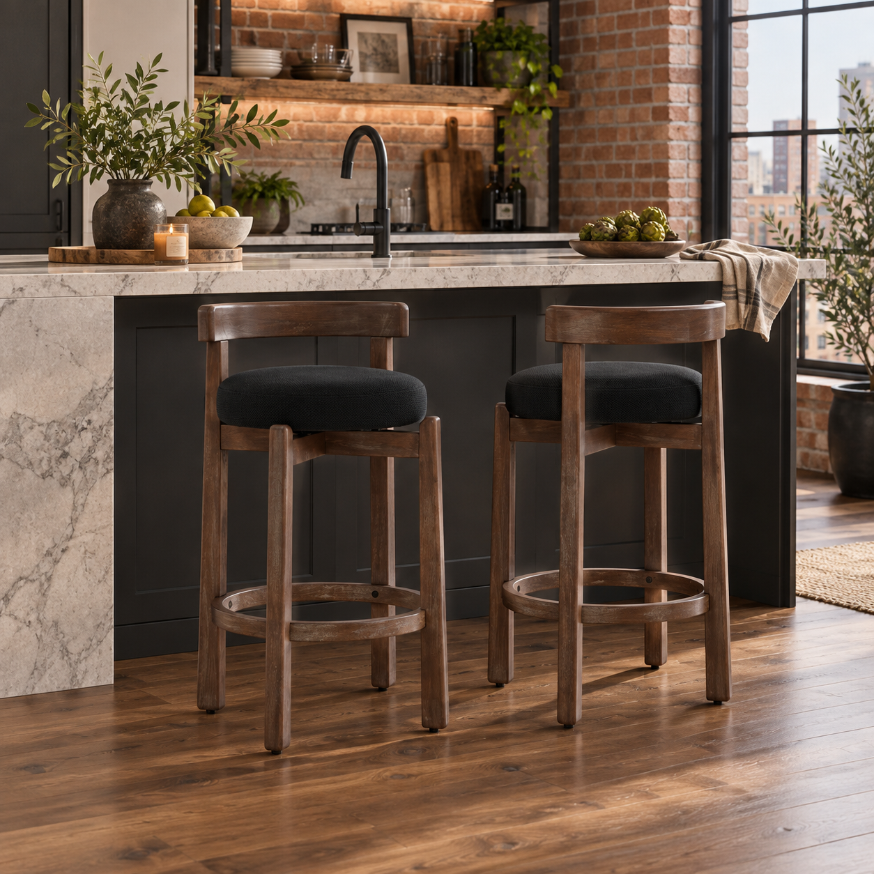 Etna 26" Rubberwood Counter Height Swivel Bar Stools with Upholstered Seats Set of 2