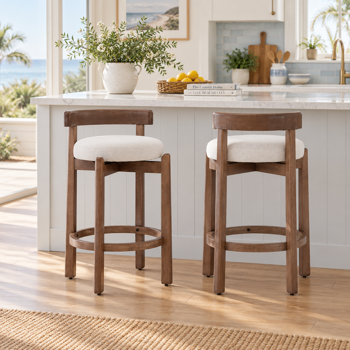 Etna 26" Rubberwood Counter Height Swivel Bar Stools with Upholstered Seats Set of 2