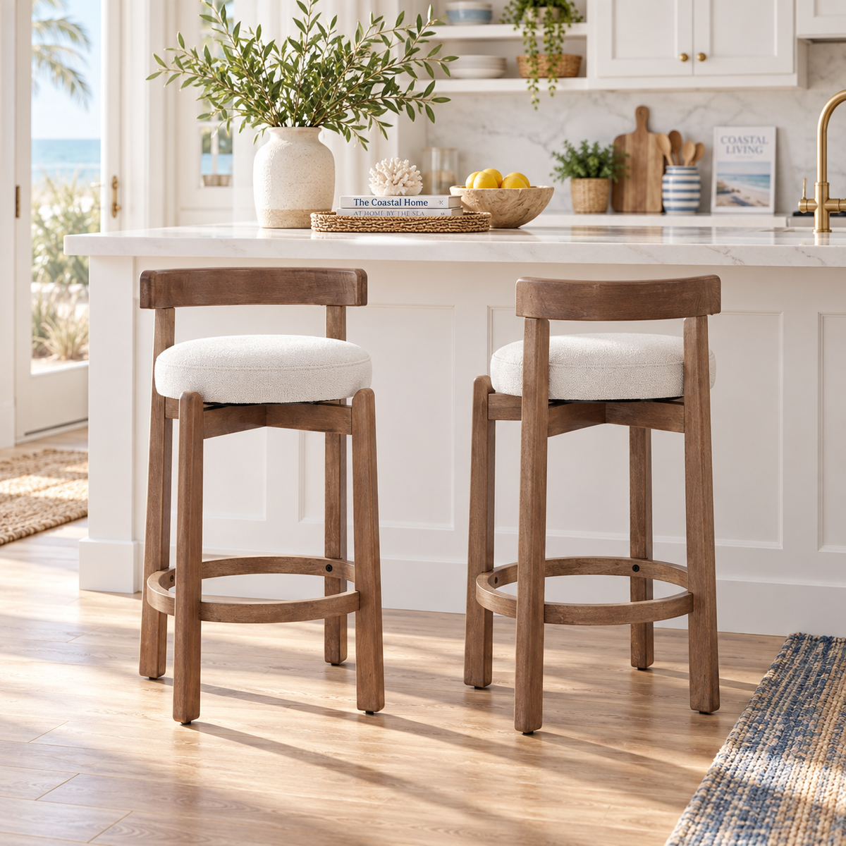 Etna 26" Rubberwood Counter Height Swivel Bar Stools with Upholstered Seats Set of 2