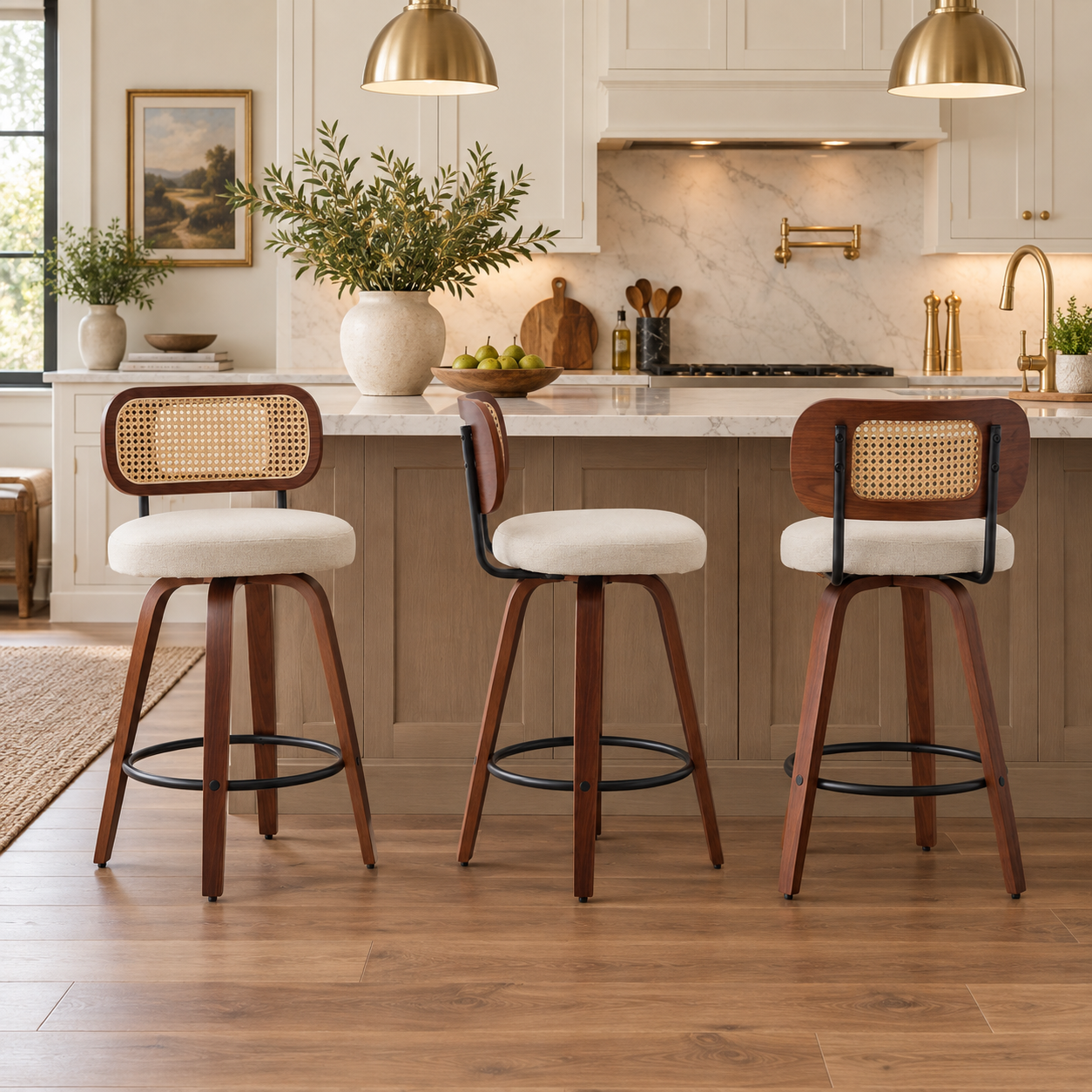 Medoc 26" Rattan Back Swivel Counter Height Linen Upholstered Bar Stool Set of 3