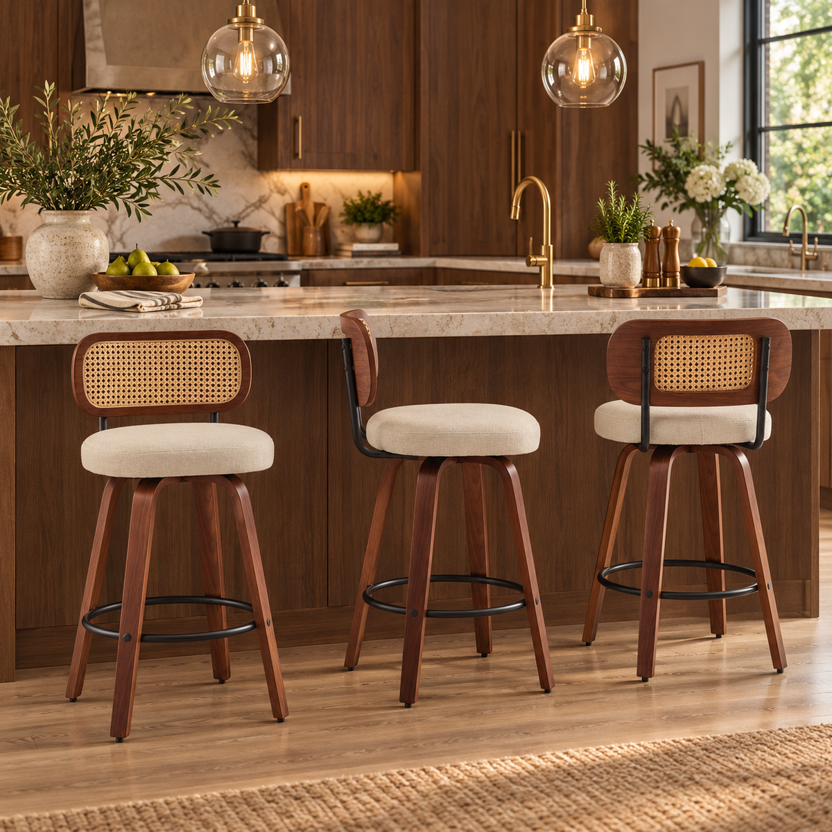 Medoc 26" Rattan Back Swivel Counter Height Linen Upholstered Bar Stool Set of 3