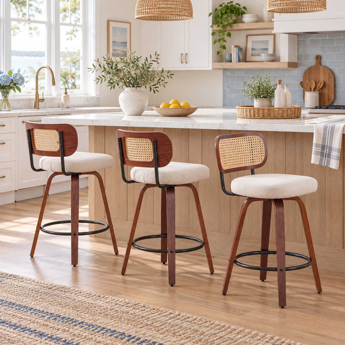 Medoc 26" Rattan Back Swivel Counter Height Linen Upholstered Bar Stool Set of 3