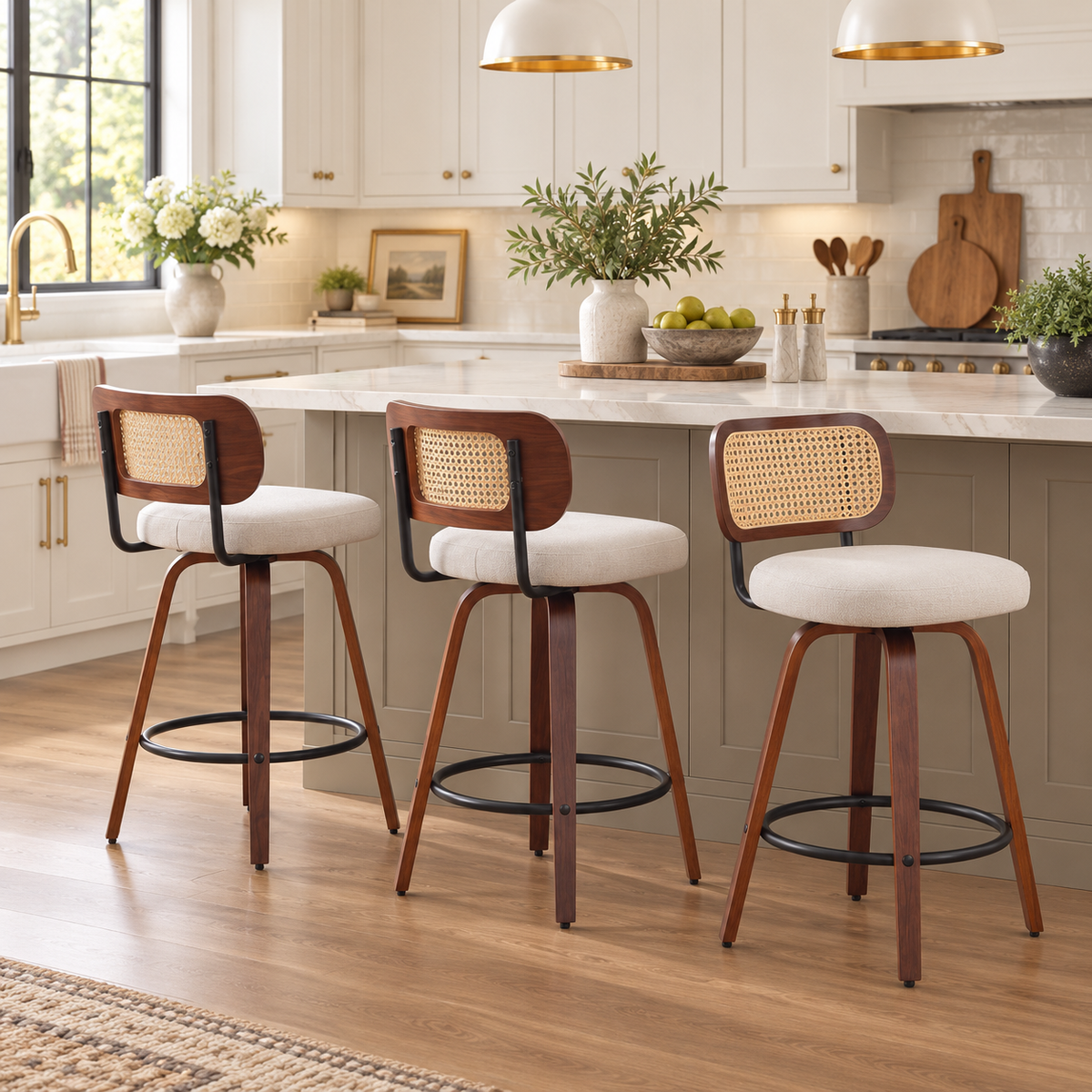 Medoc 26" Rattan Back Swivel Counter Height Linen Upholstered Bar Stool Set of 3