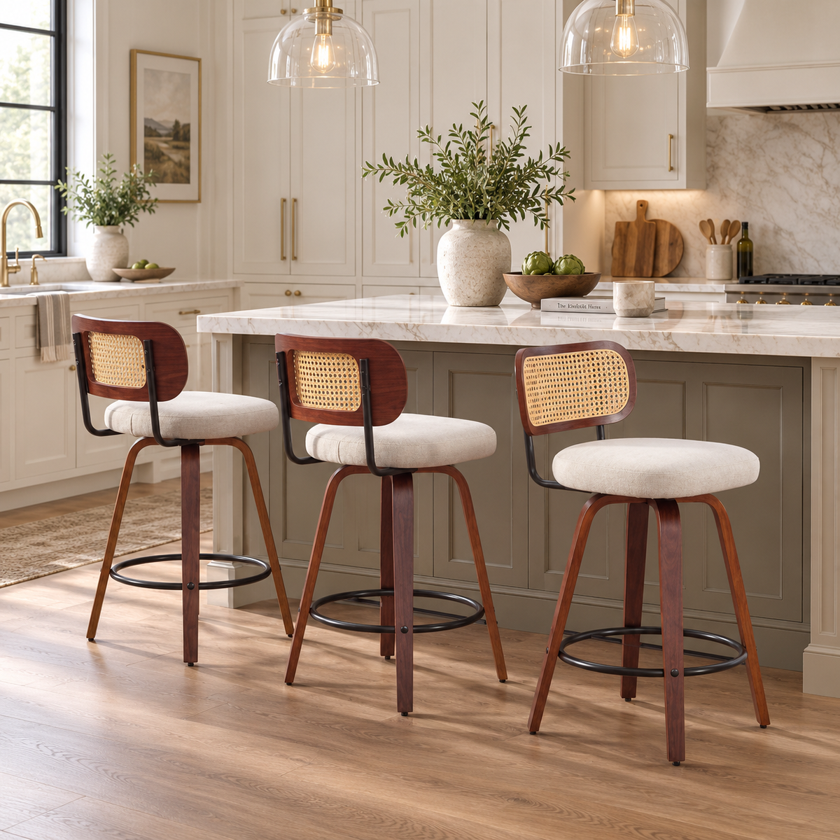 Medoc 26" Rattan Back Swivel Counter Height Linen Upholstered Bar Stool Set of 3